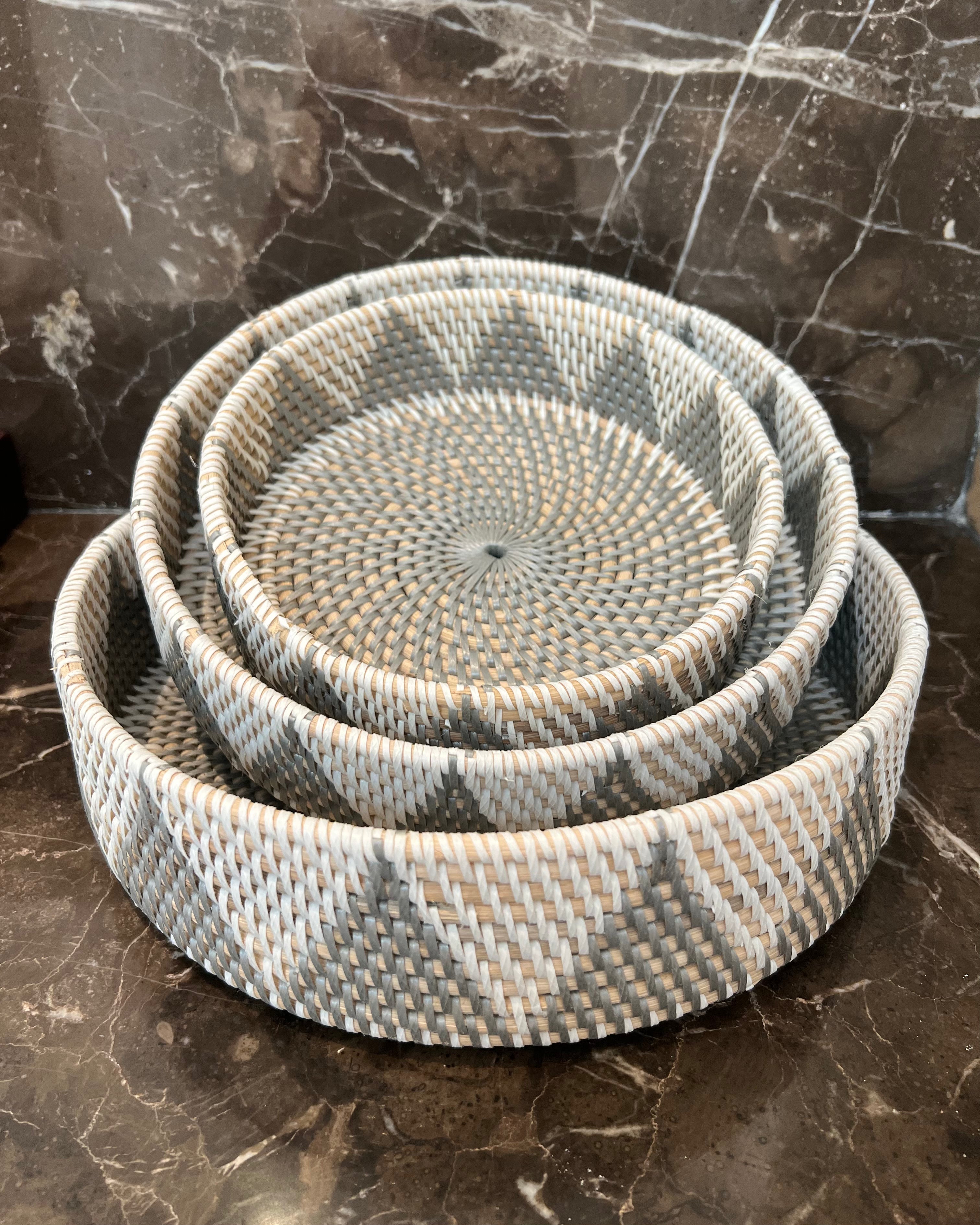 Round Rattan Trays - Grey and White