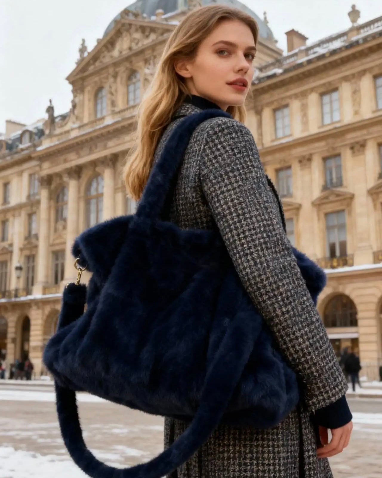 Faux Fur Bag - Navy