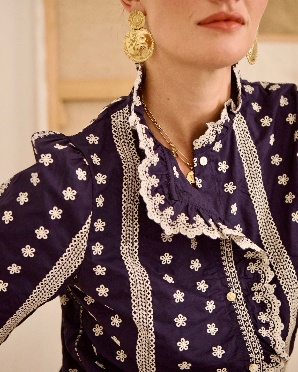 Mireille Embroidered Blouse - Navy