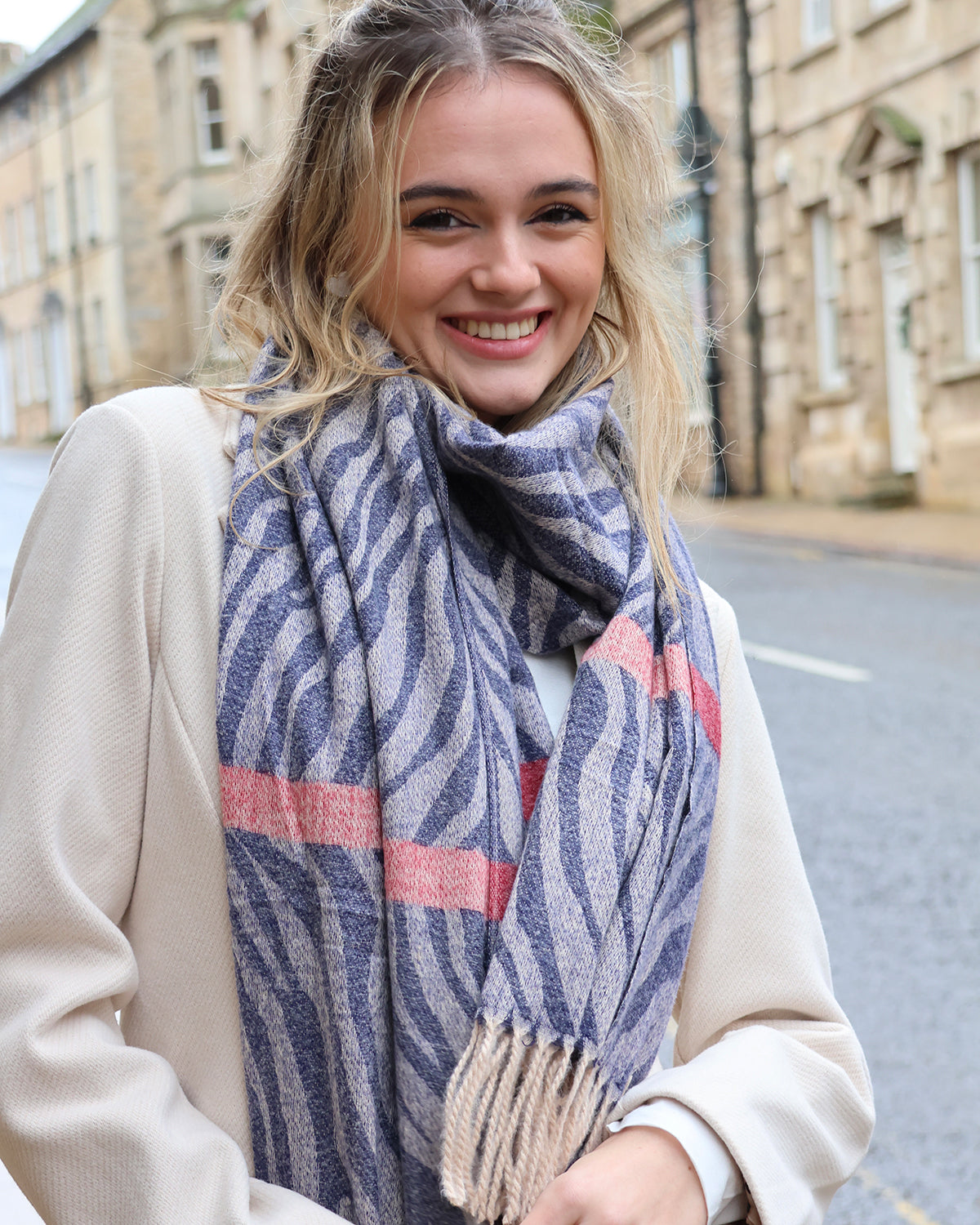 Scarf - Navy Zebra With Pink Stripe