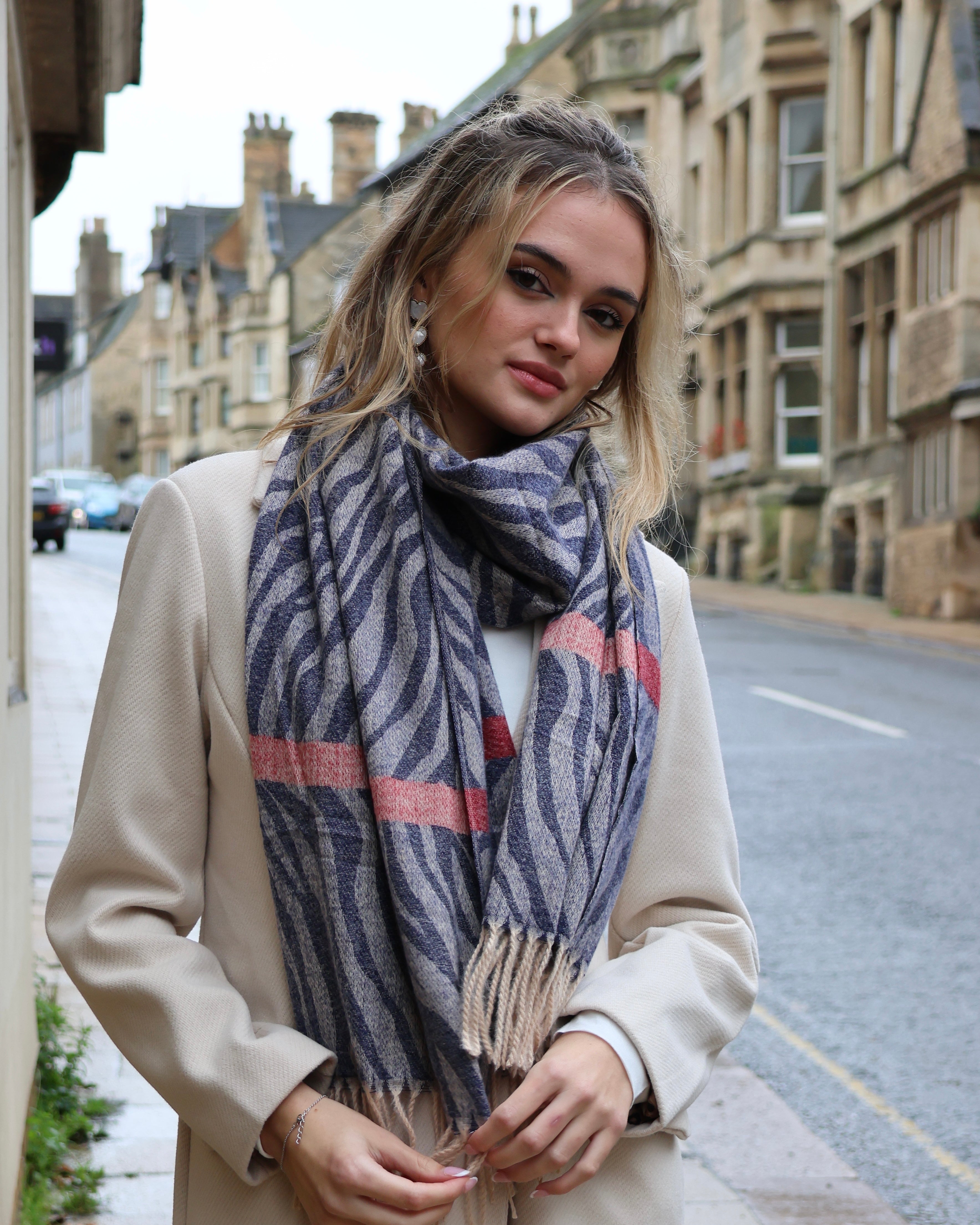 Scarf - Navy Zebra With Pink Stripe