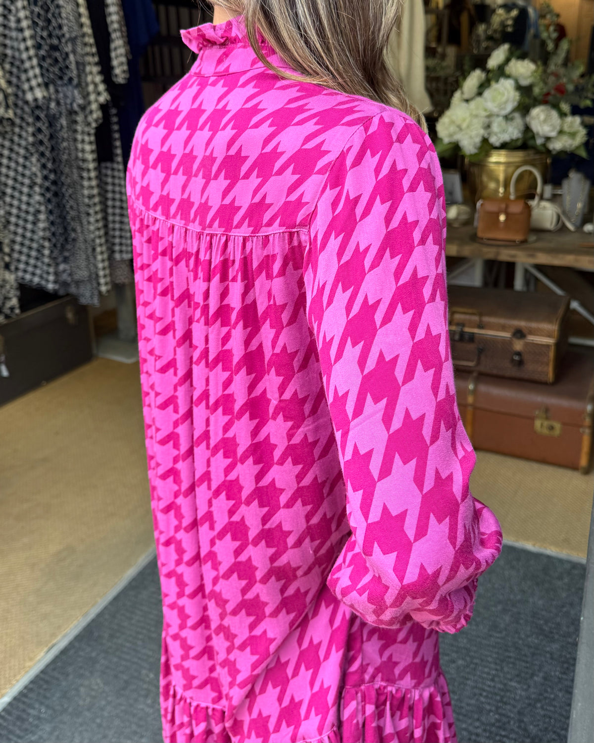 Dora Dress - Magenta Houndstooth