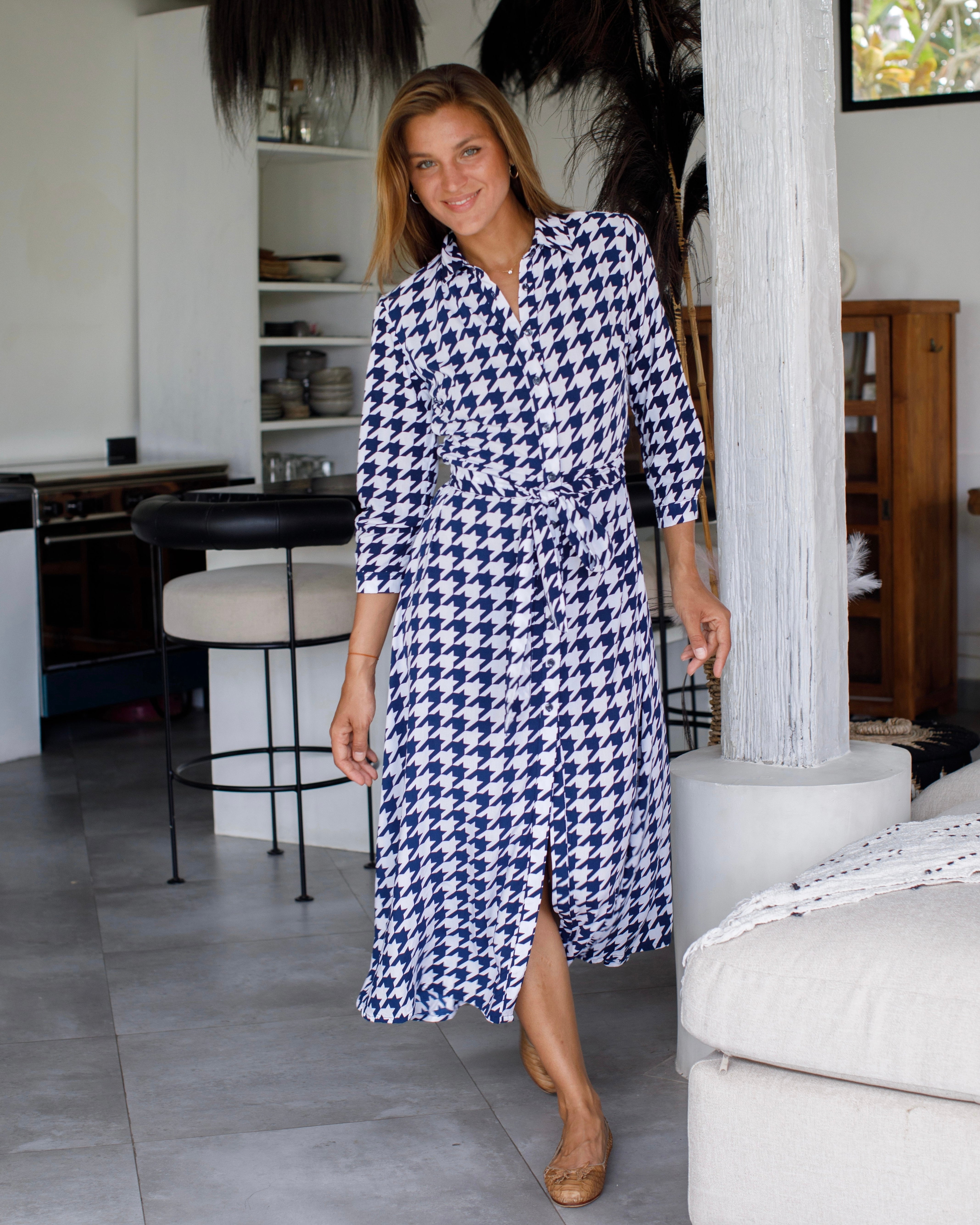 Florence Dress - Navy White Houndstooth