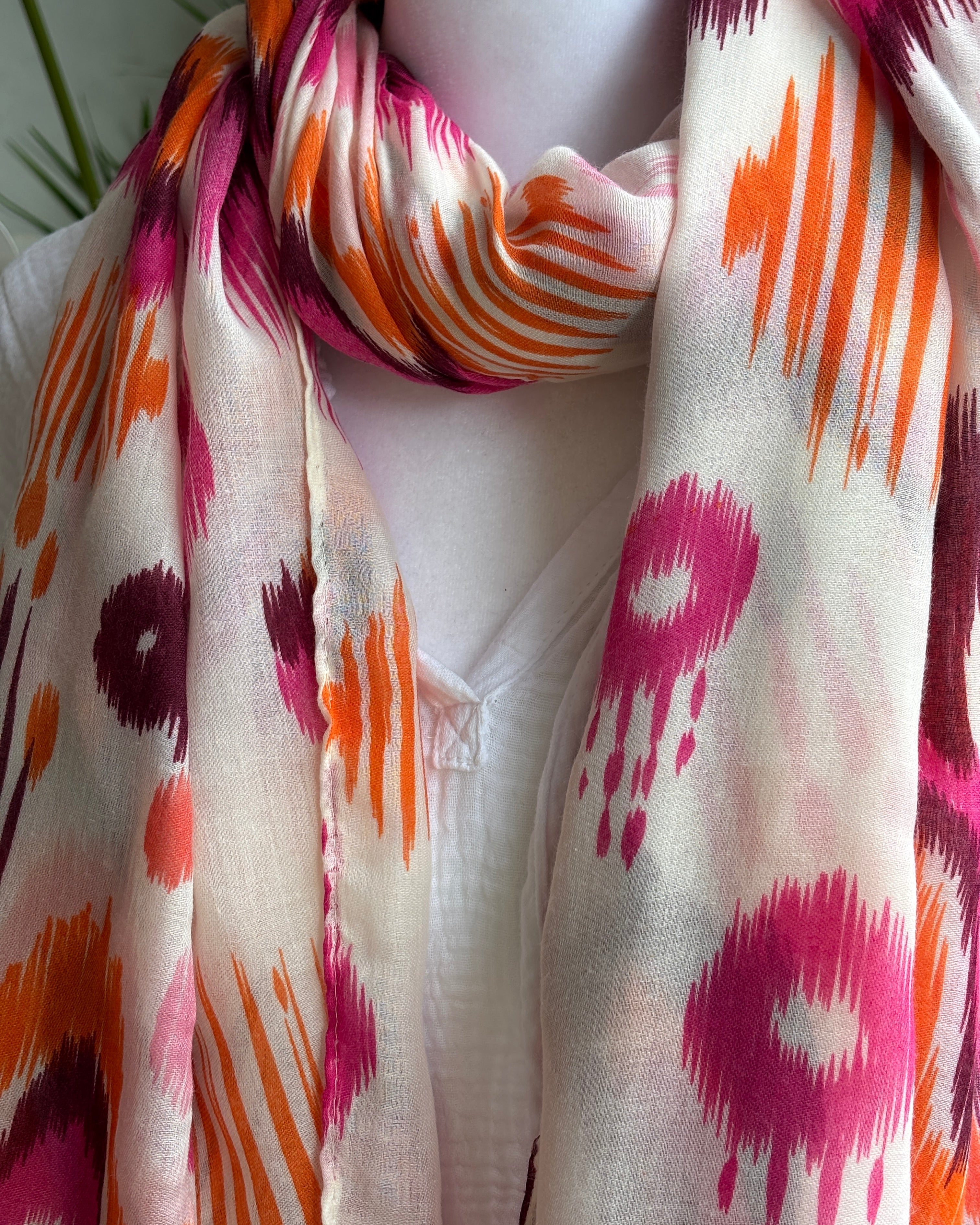 Orange and fuchsia ikat scarf