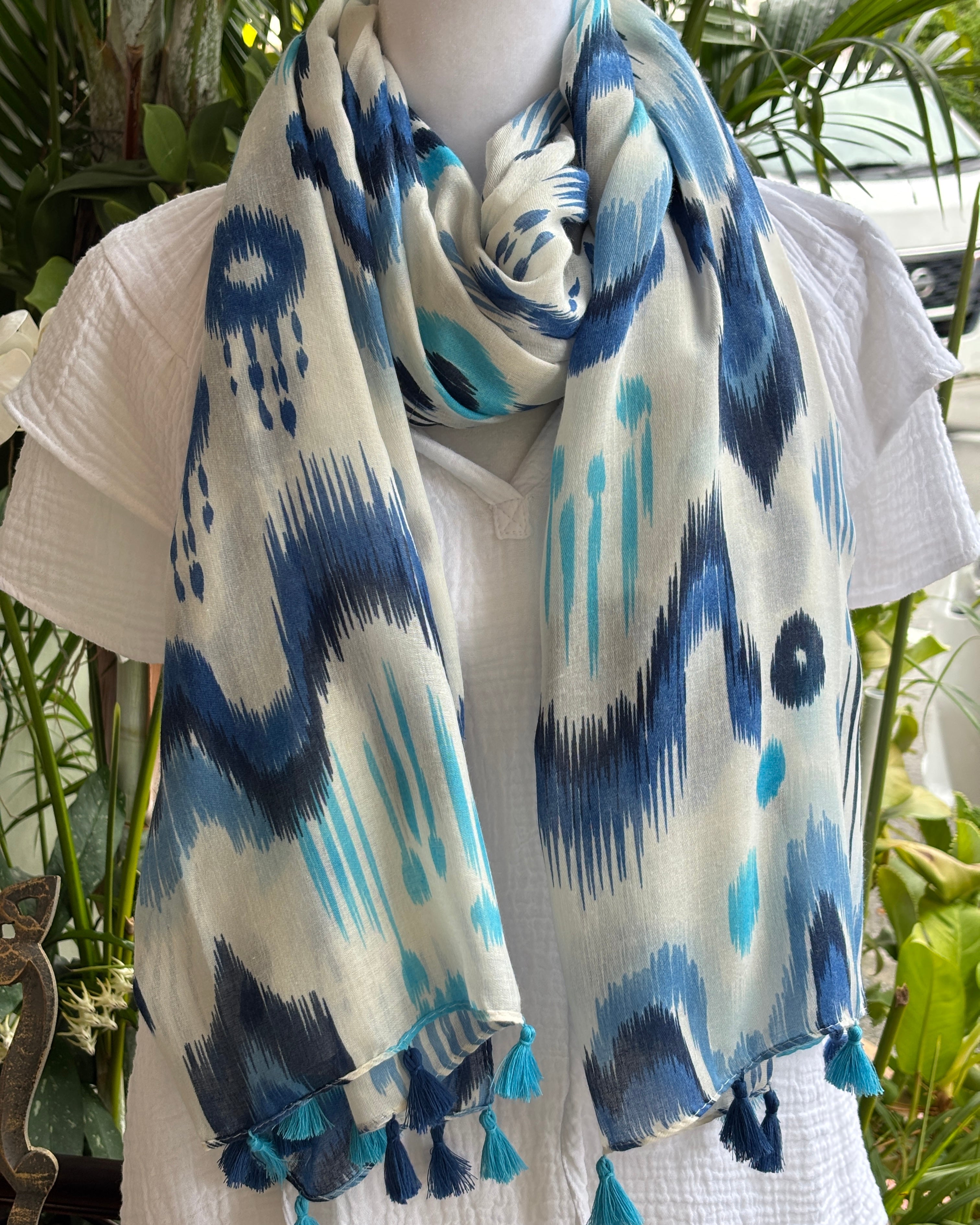 Aqua and blue ikat scarf