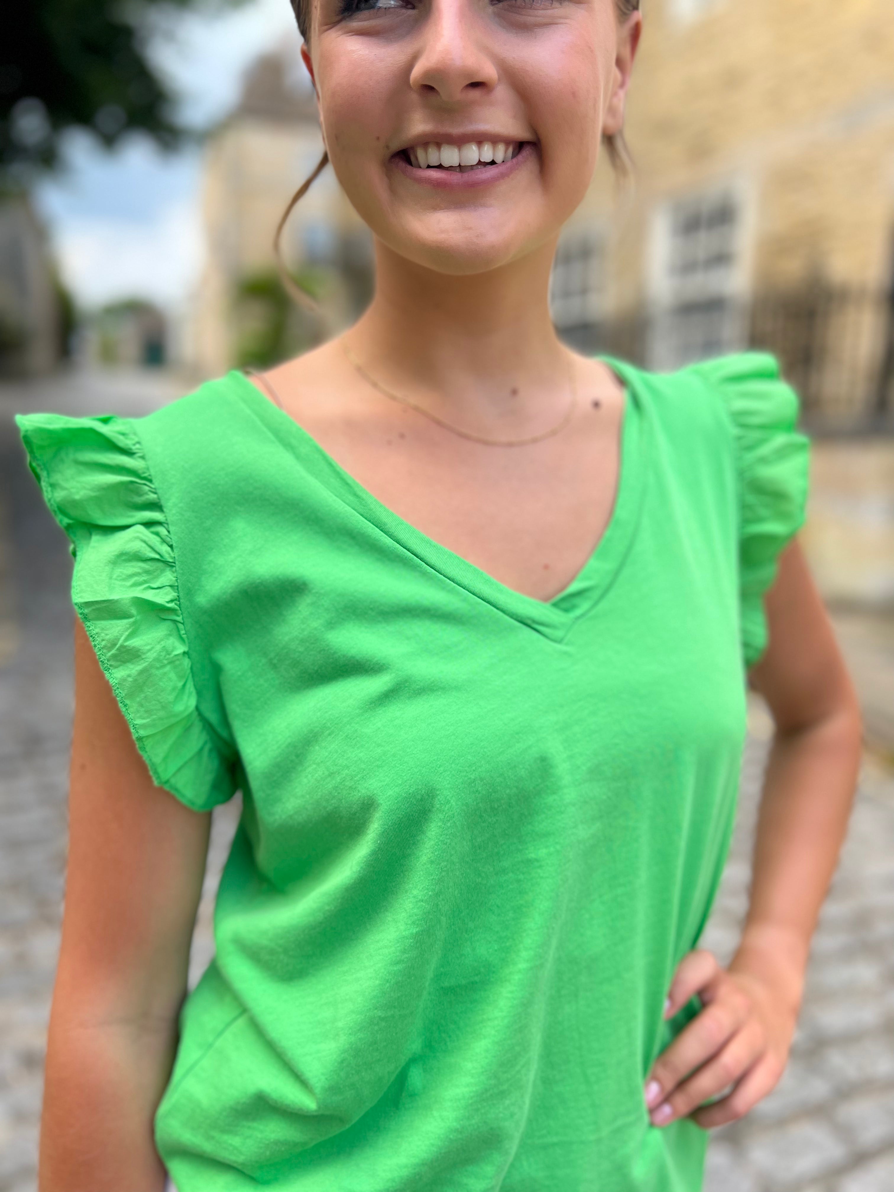 Mina Frill Sleeve V-Neck Cotton Tee