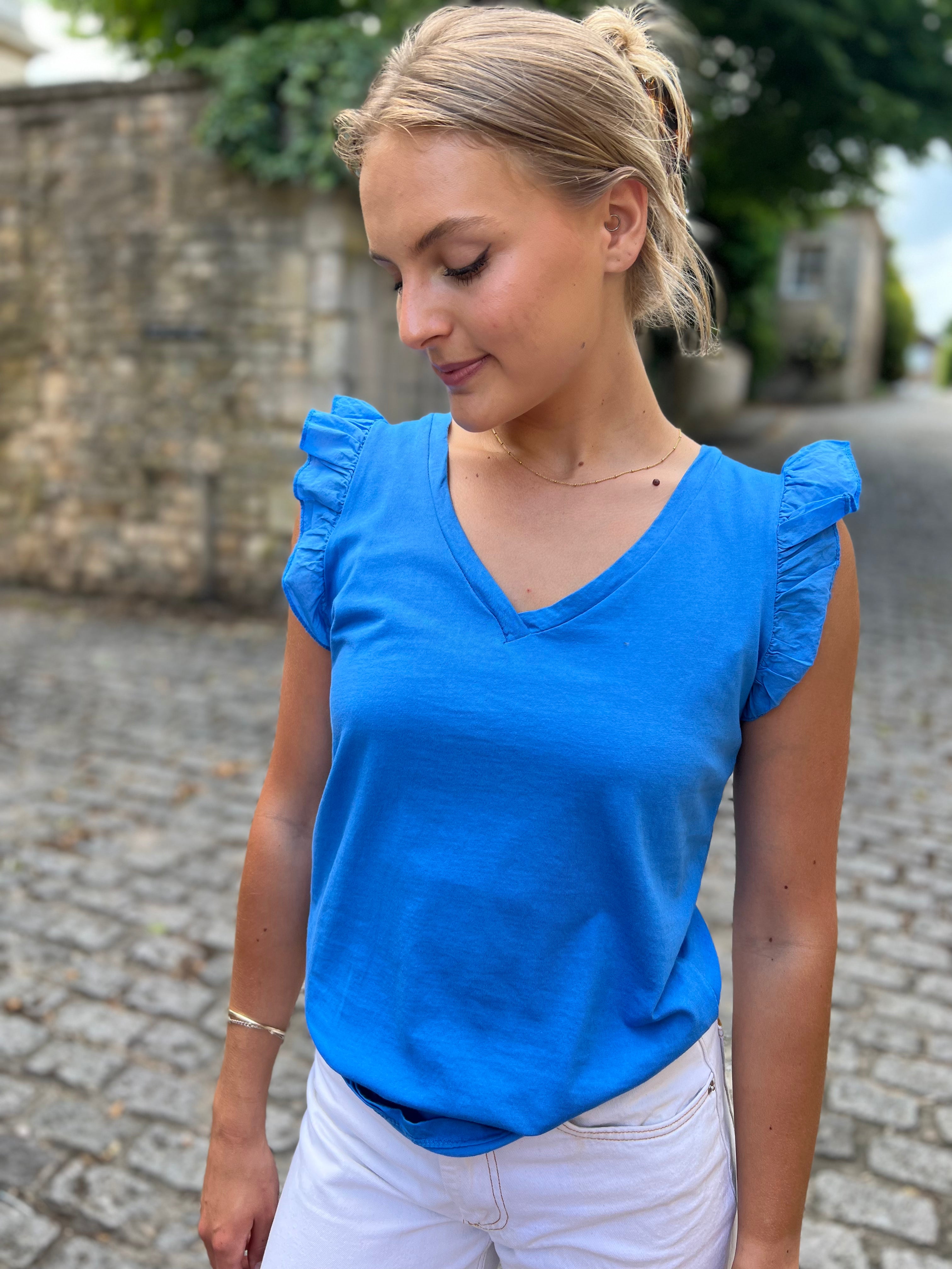 Mina Frill Sleeve V-Neck Cotton Tee