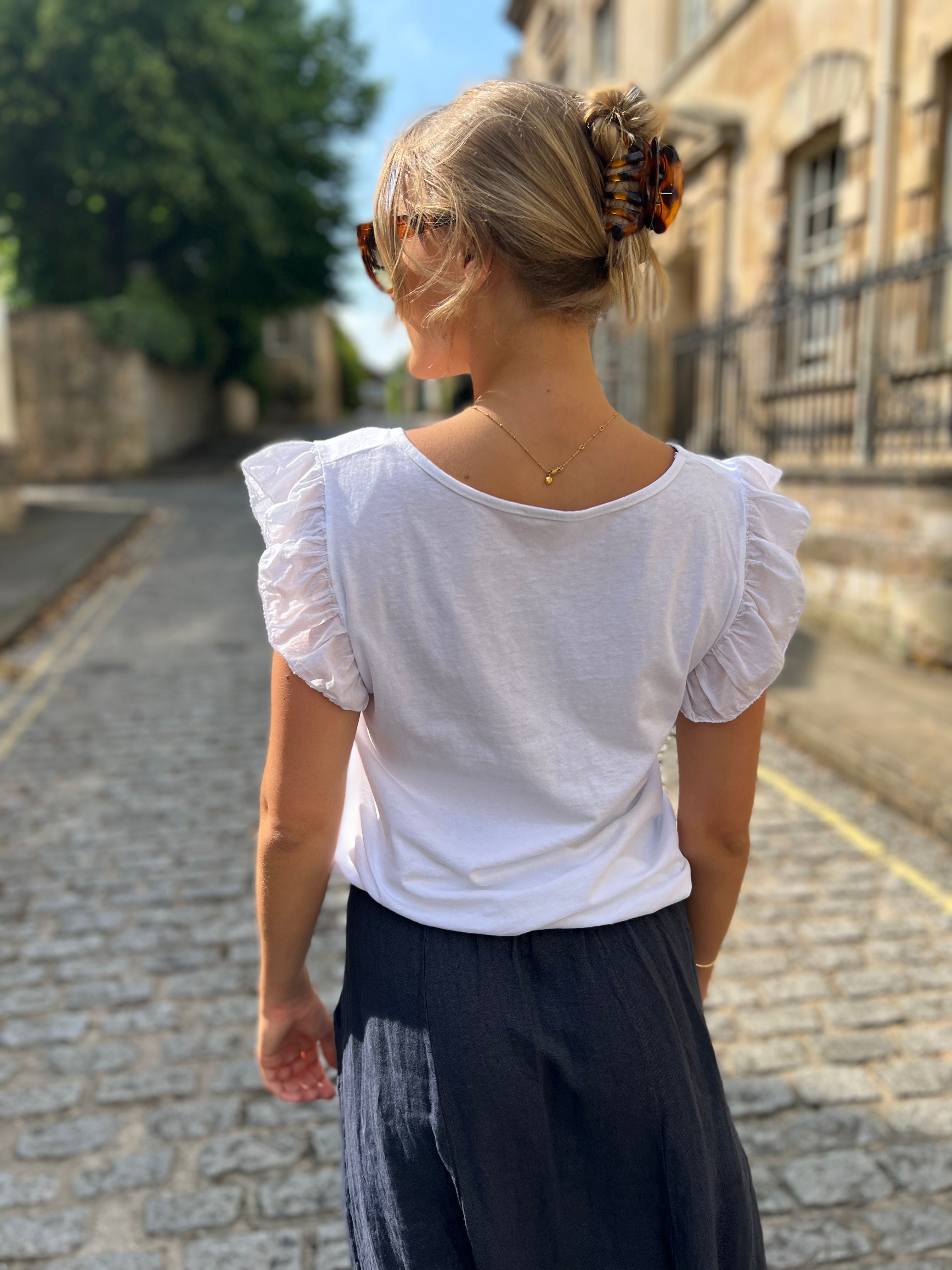 Mina Frill Sleeve V-Neck Cotton Tee
