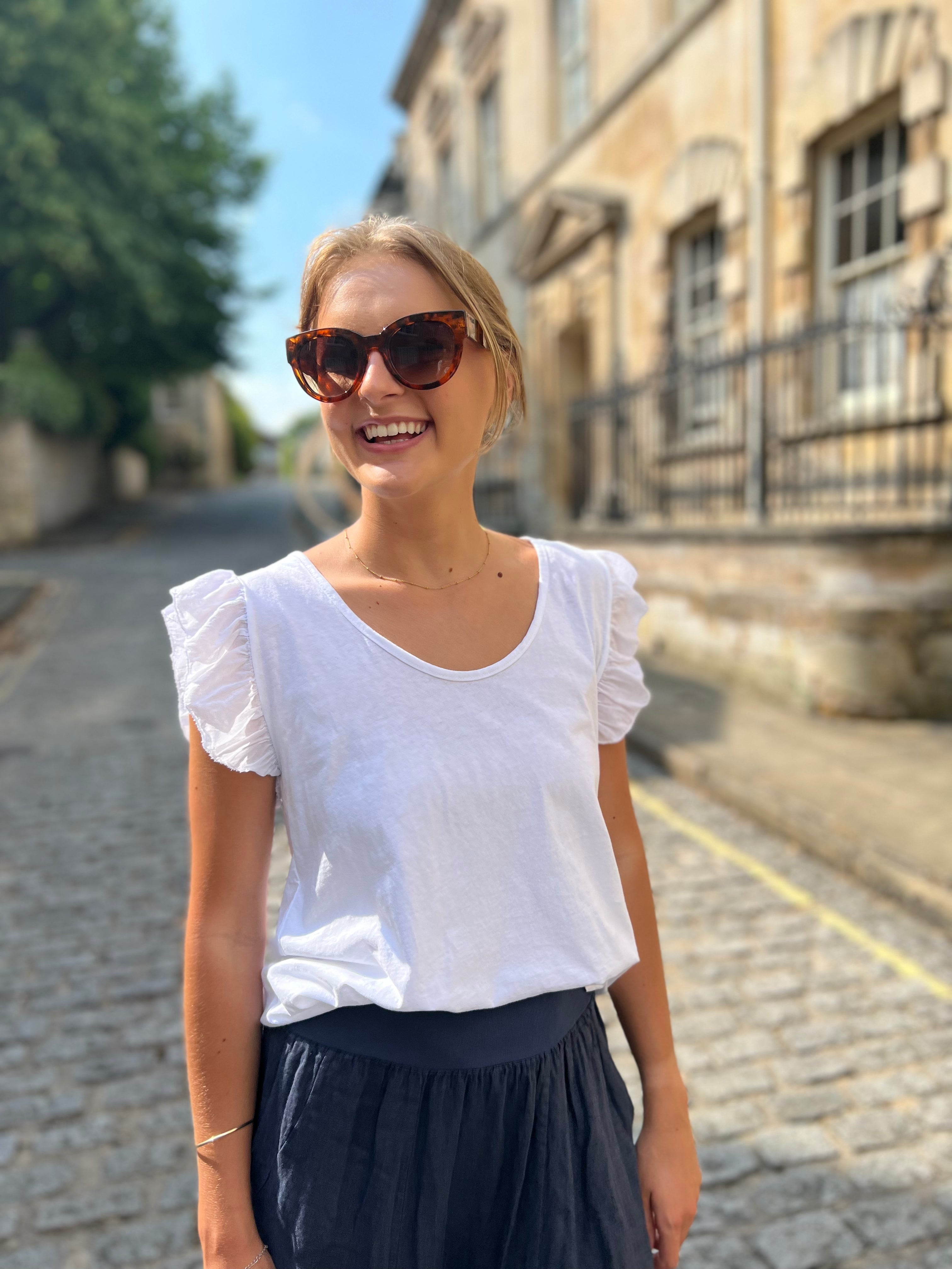Mina Frill Sleeve V-Neck Cotton Tee