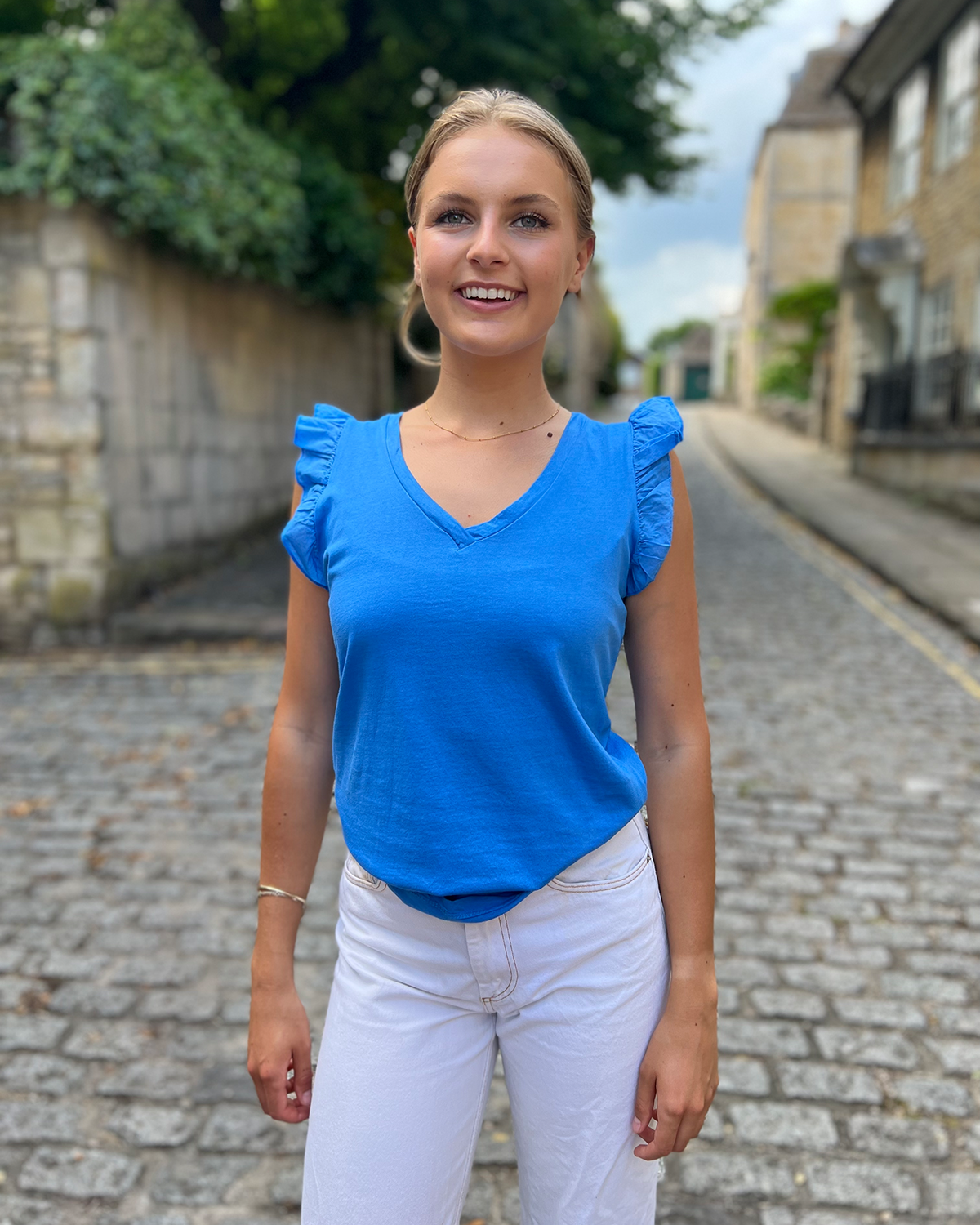 Mina Frill Sleeve V-Neck Cotton Tee