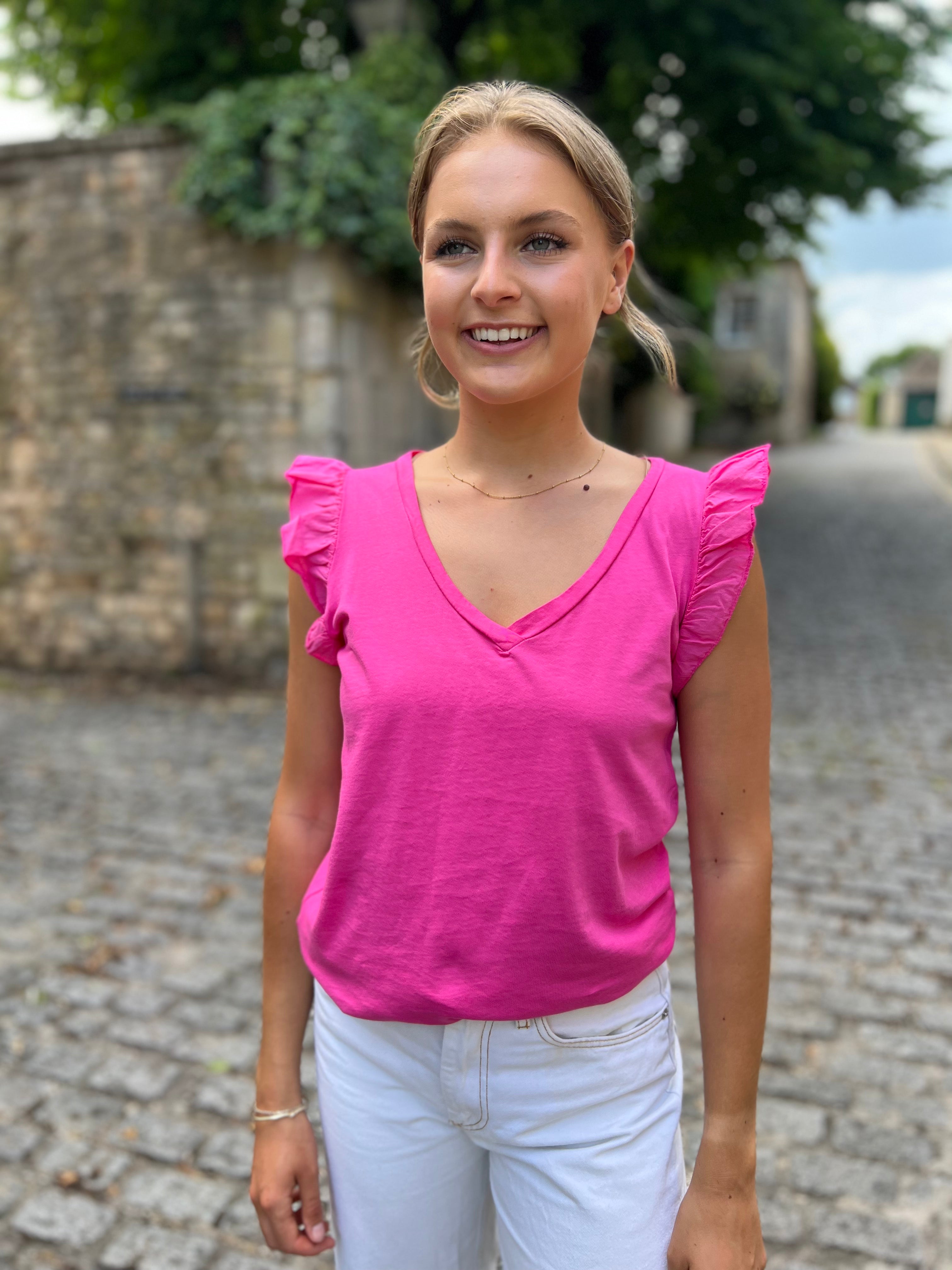 Mina Frill Sleeve V-Neck Cotton Tee