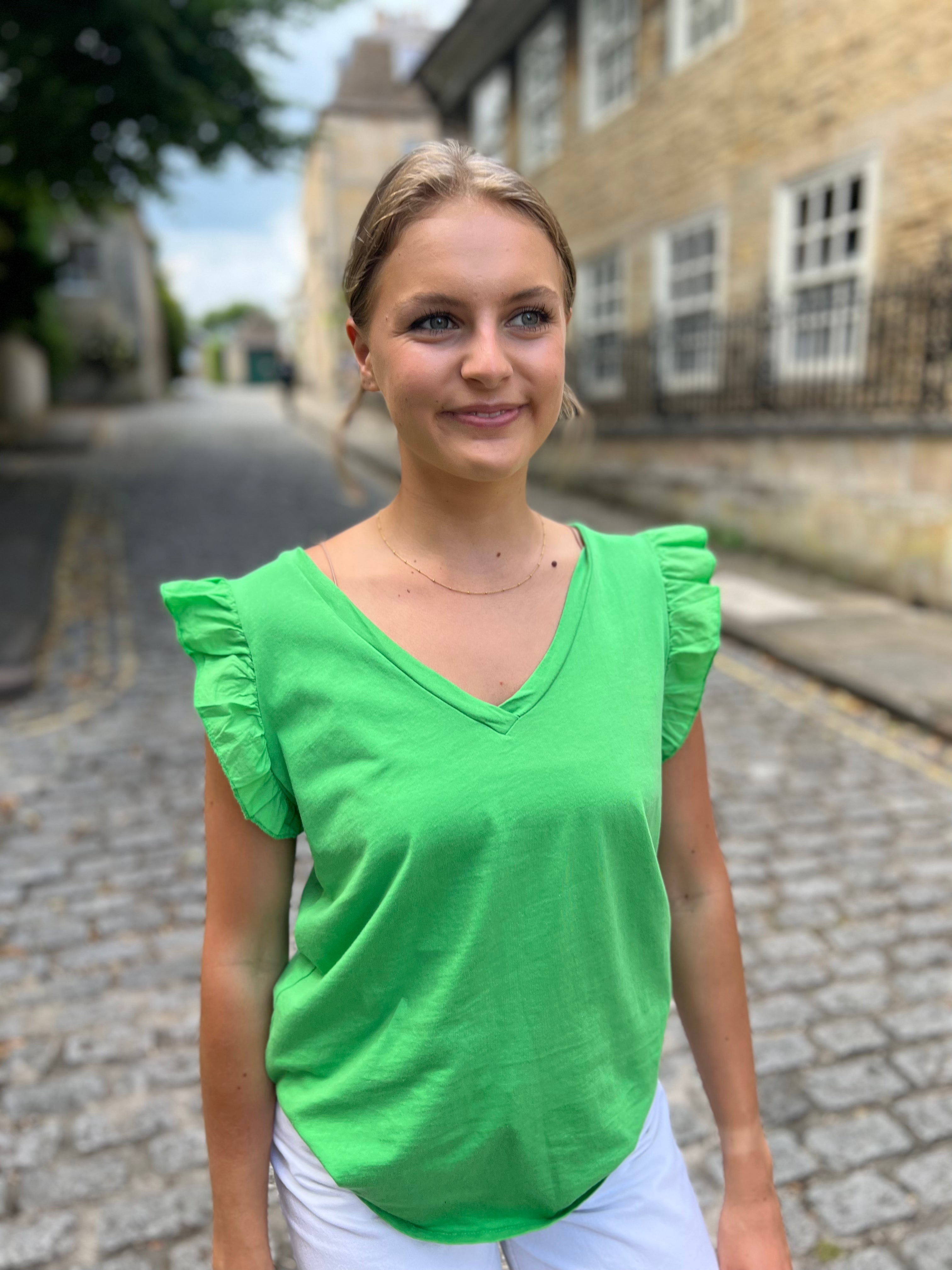 Mina Frill Sleeve V-Neck Cotton Tee