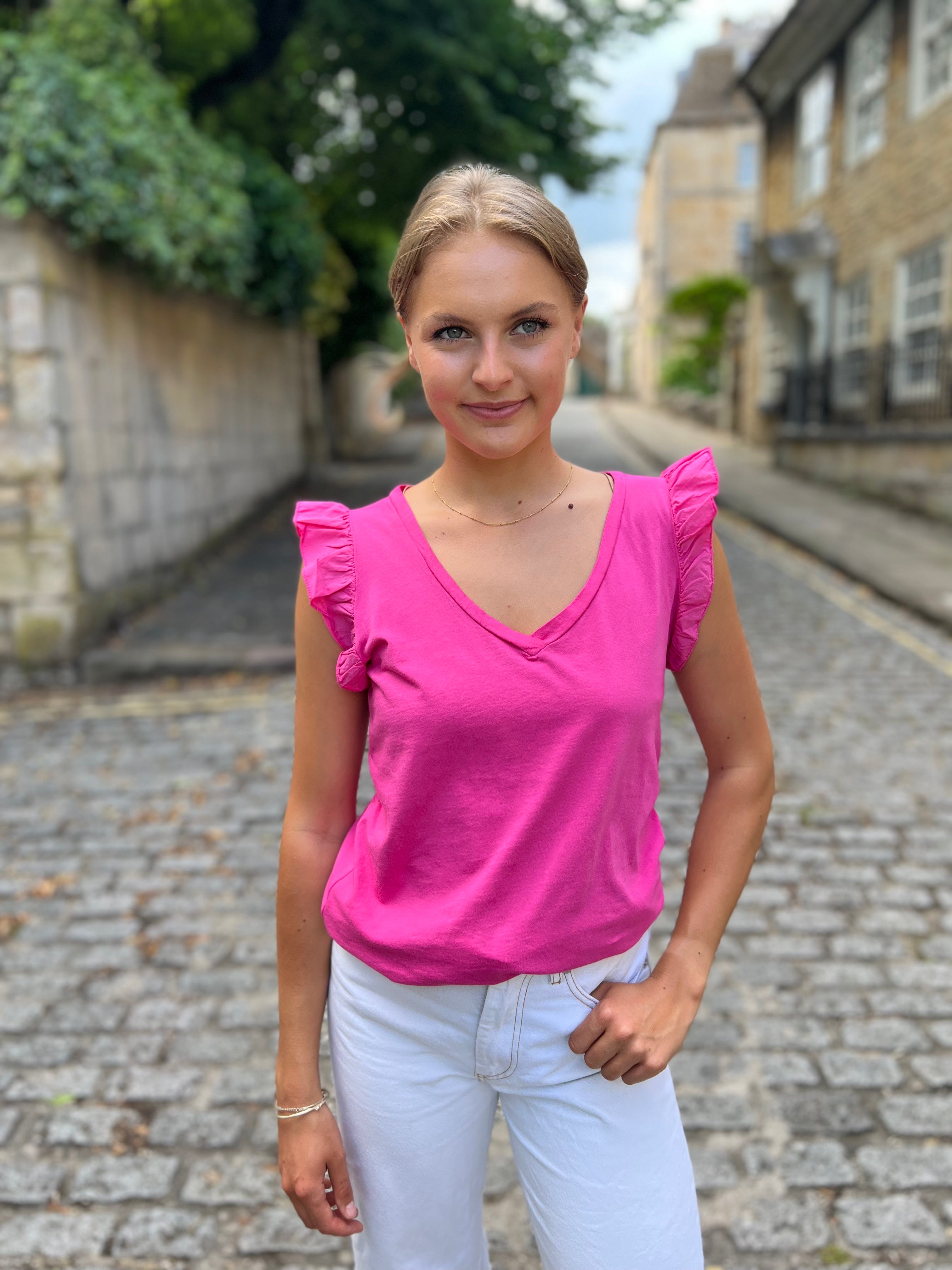 Mina Frill Sleeve V-Neck Cotton Tee