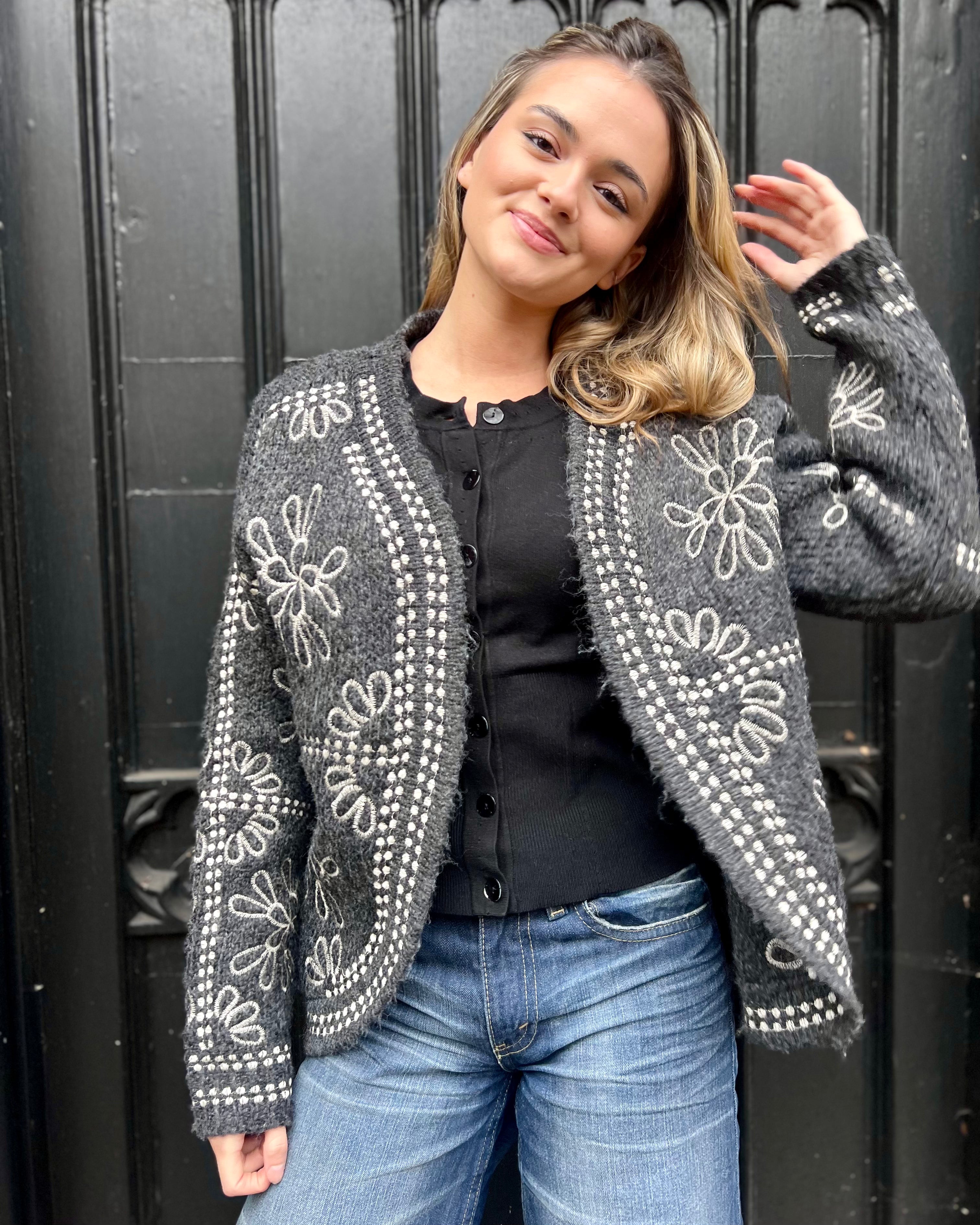 Annouska Embroidered Cardigan - Grey