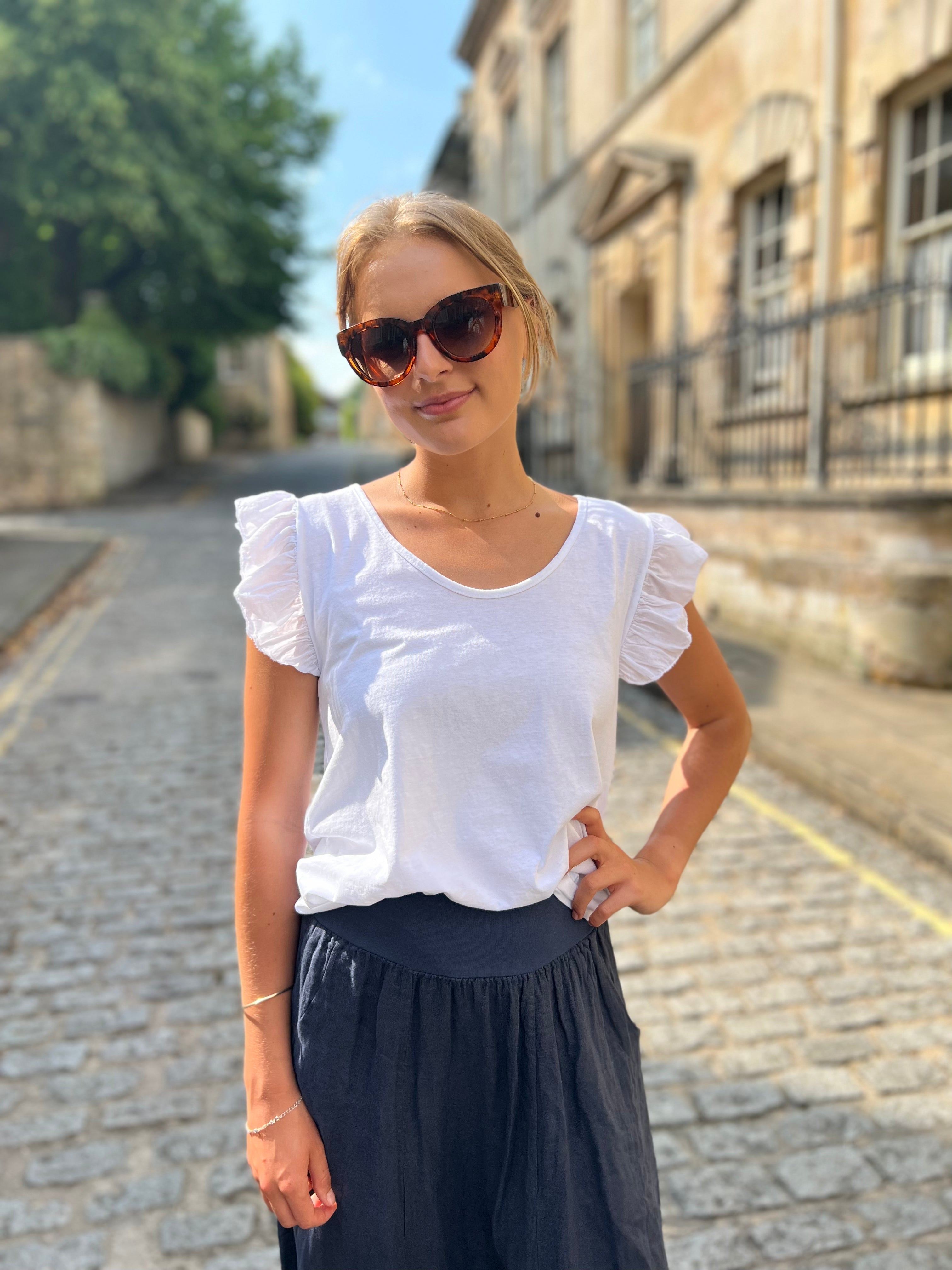 Mina Frill Sleeve V-Neck Cotton Tee