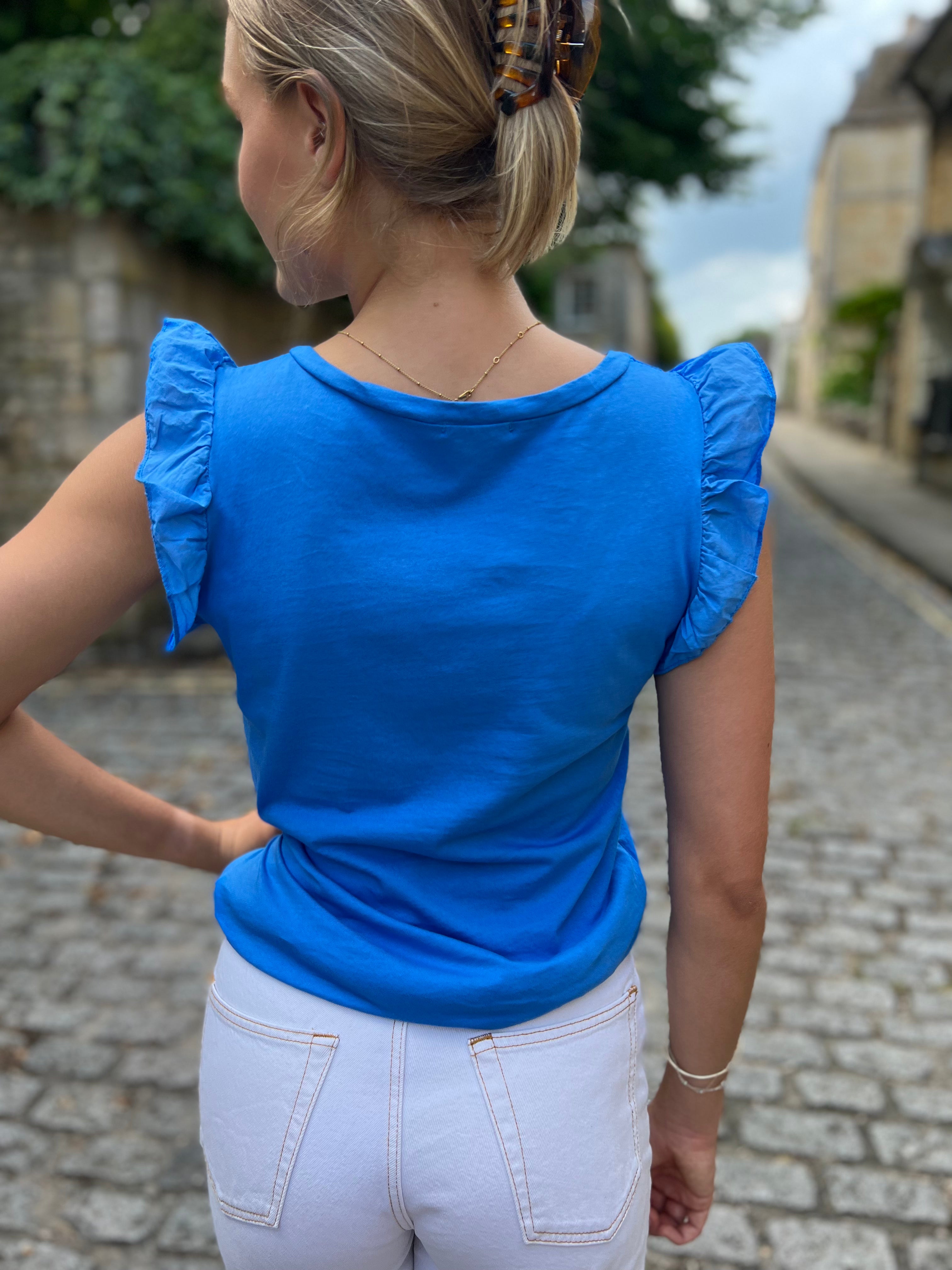 Mina Frill Sleeve V-Neck Cotton Tee