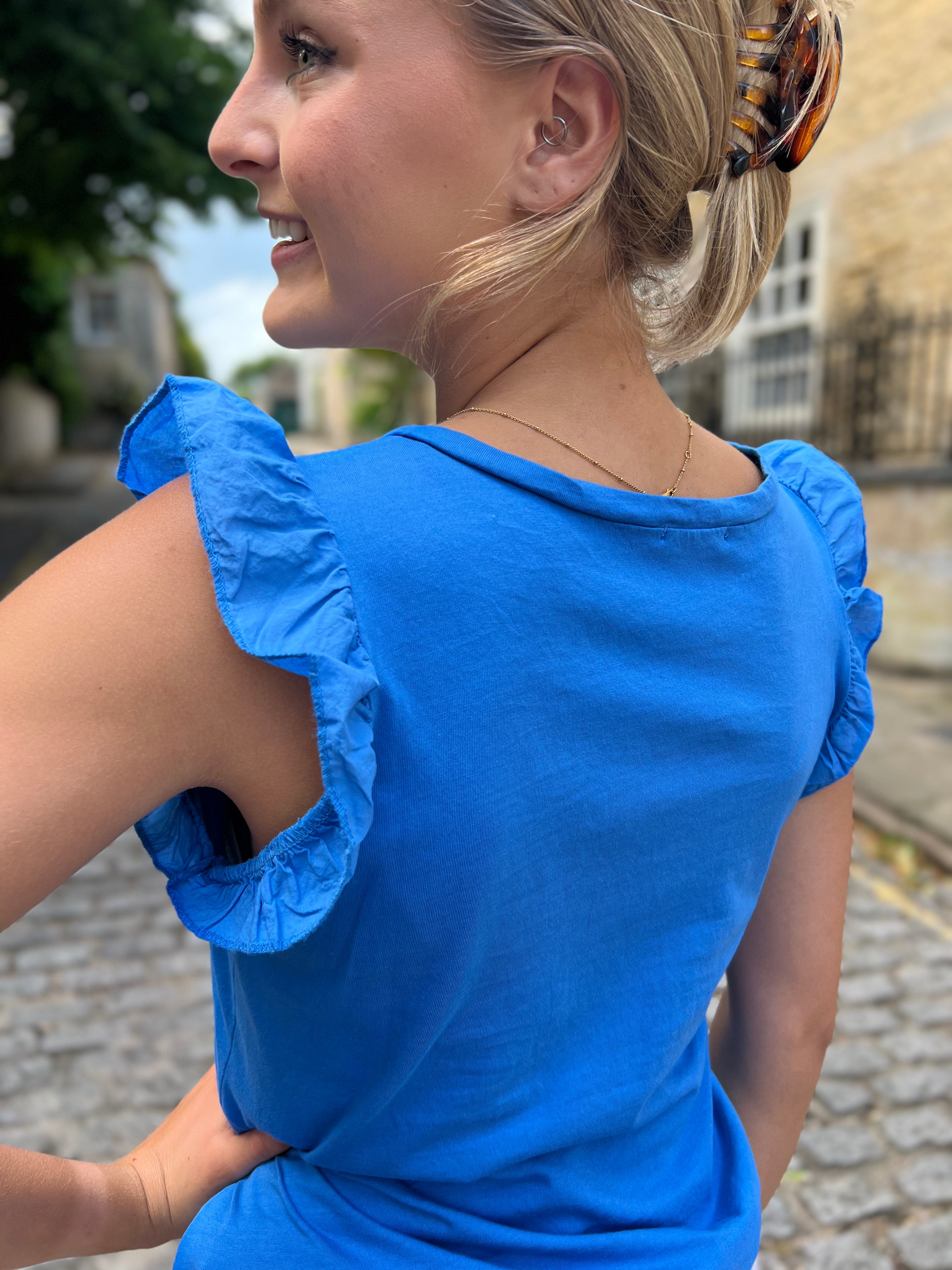Mina Frill Sleeve V-Neck Cotton Tee