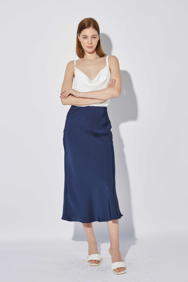 Ellie Satin Midi Skirt - Navy