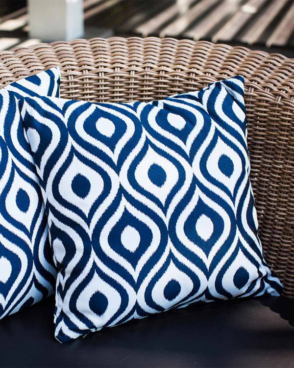 White Gingers Outdoor water repellent cushions printed in a navy ikat print.