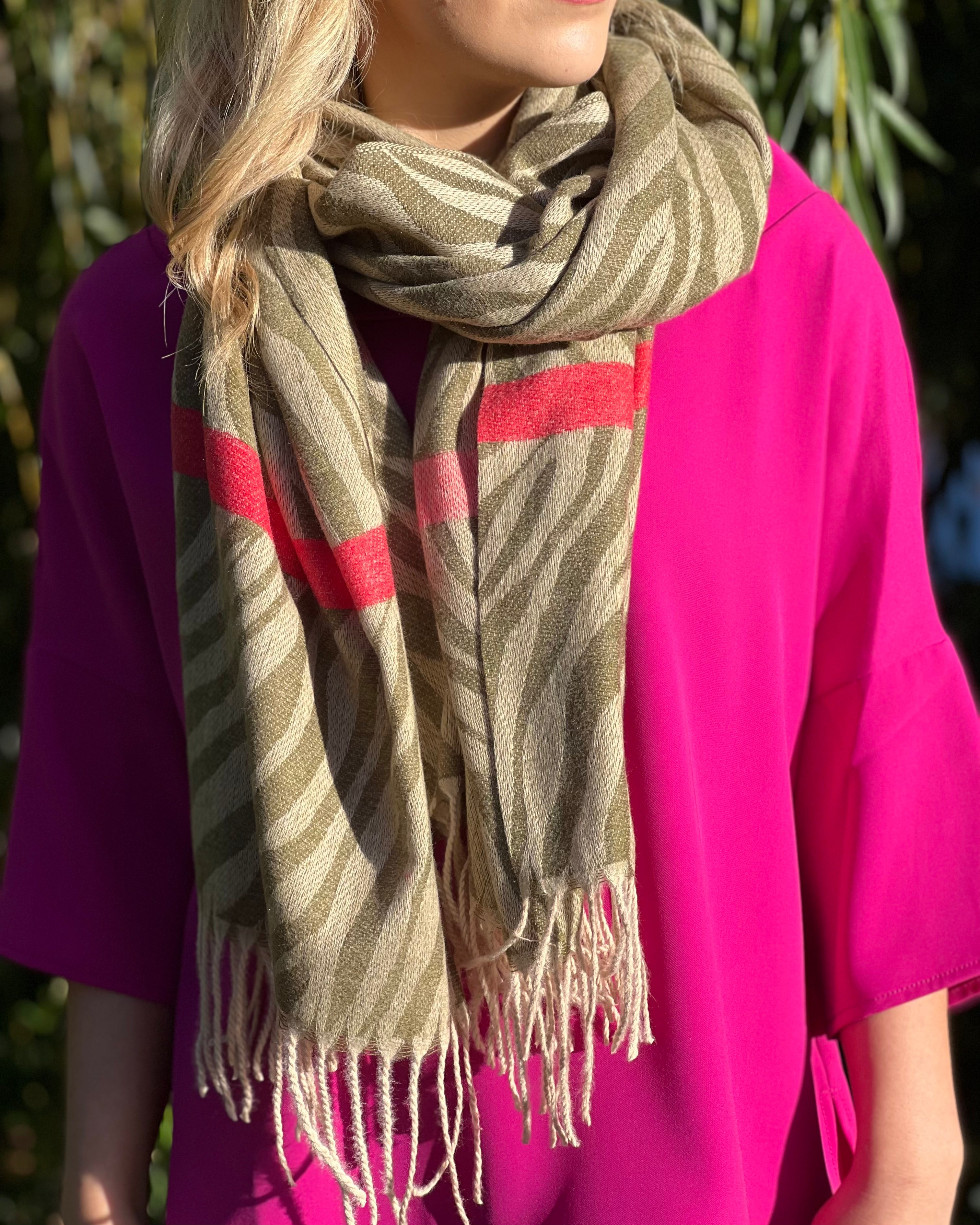 Scarf - Khaki Zebra with Pink Stripe