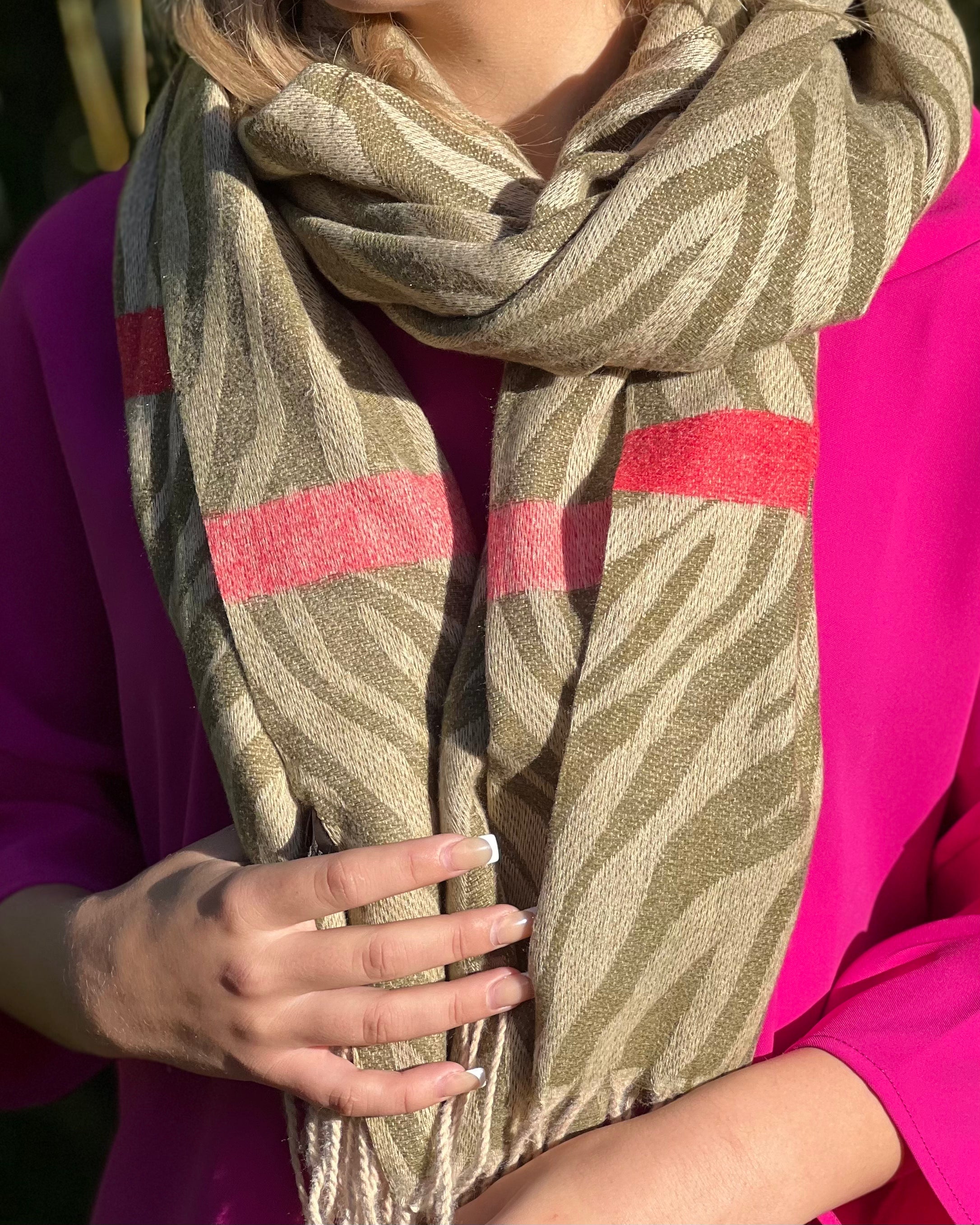 Scarf - Khaki Zebra with Pink Stripe