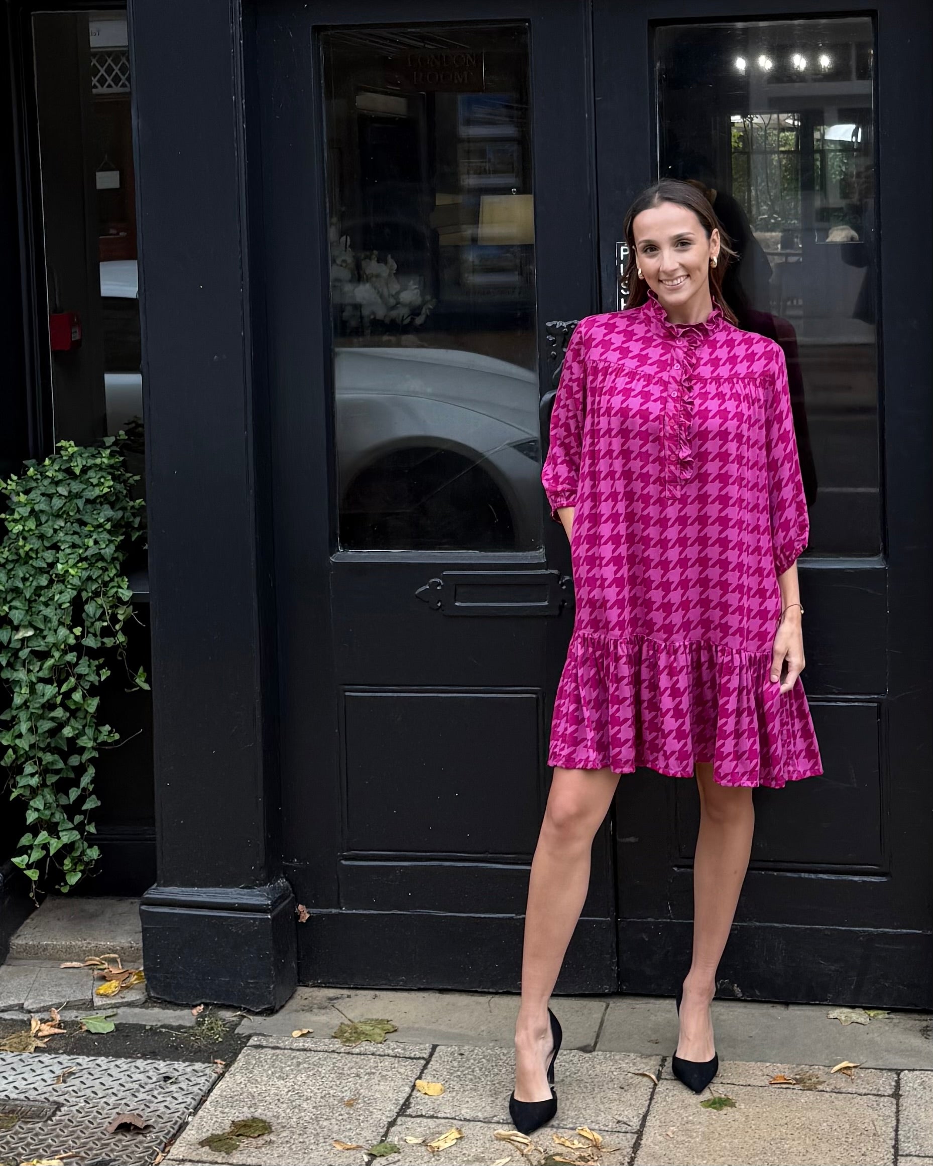 Dora Dress - Magenta Houndstooth