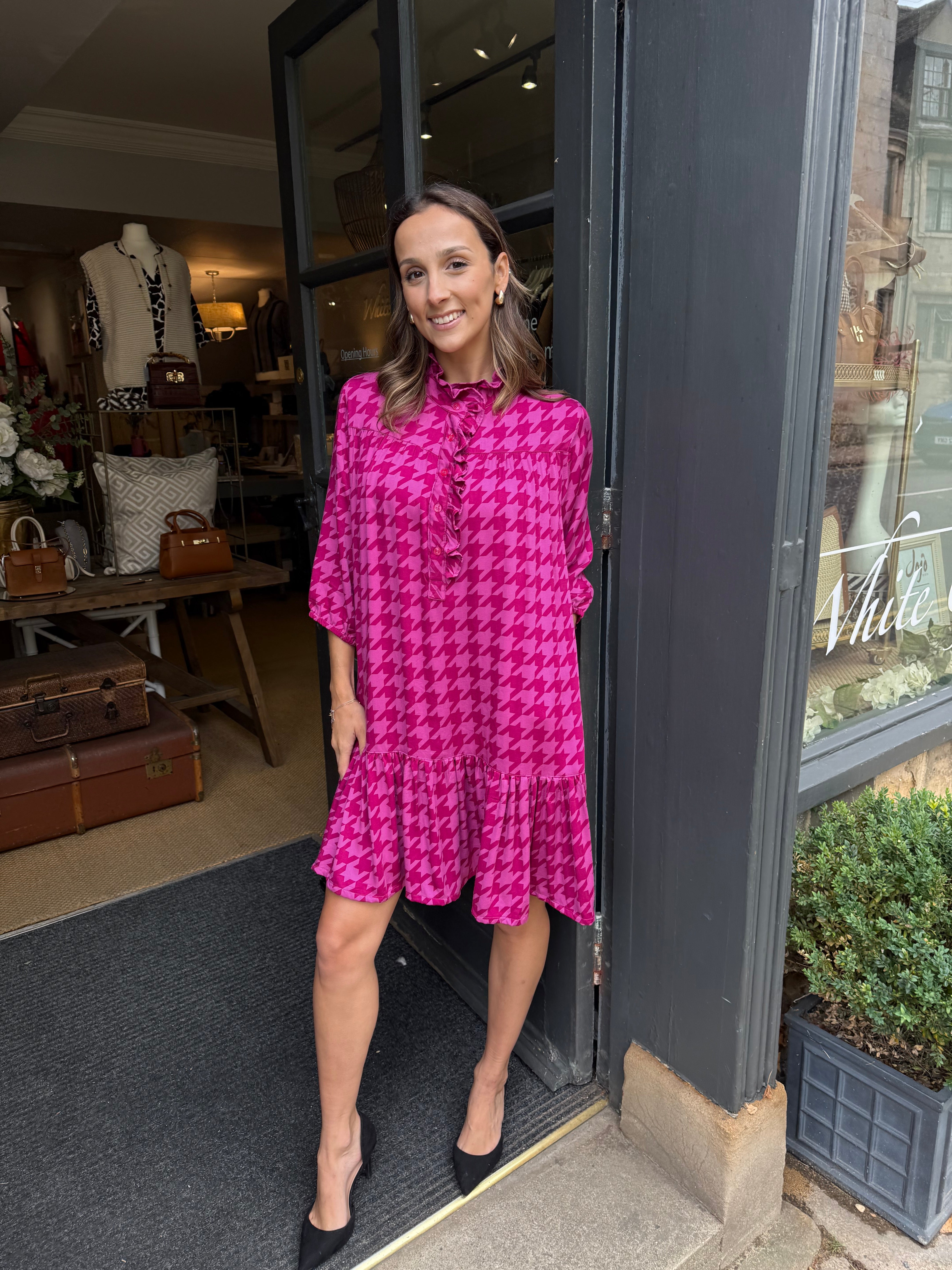 Dora Dress - Magenta Houndstooth
