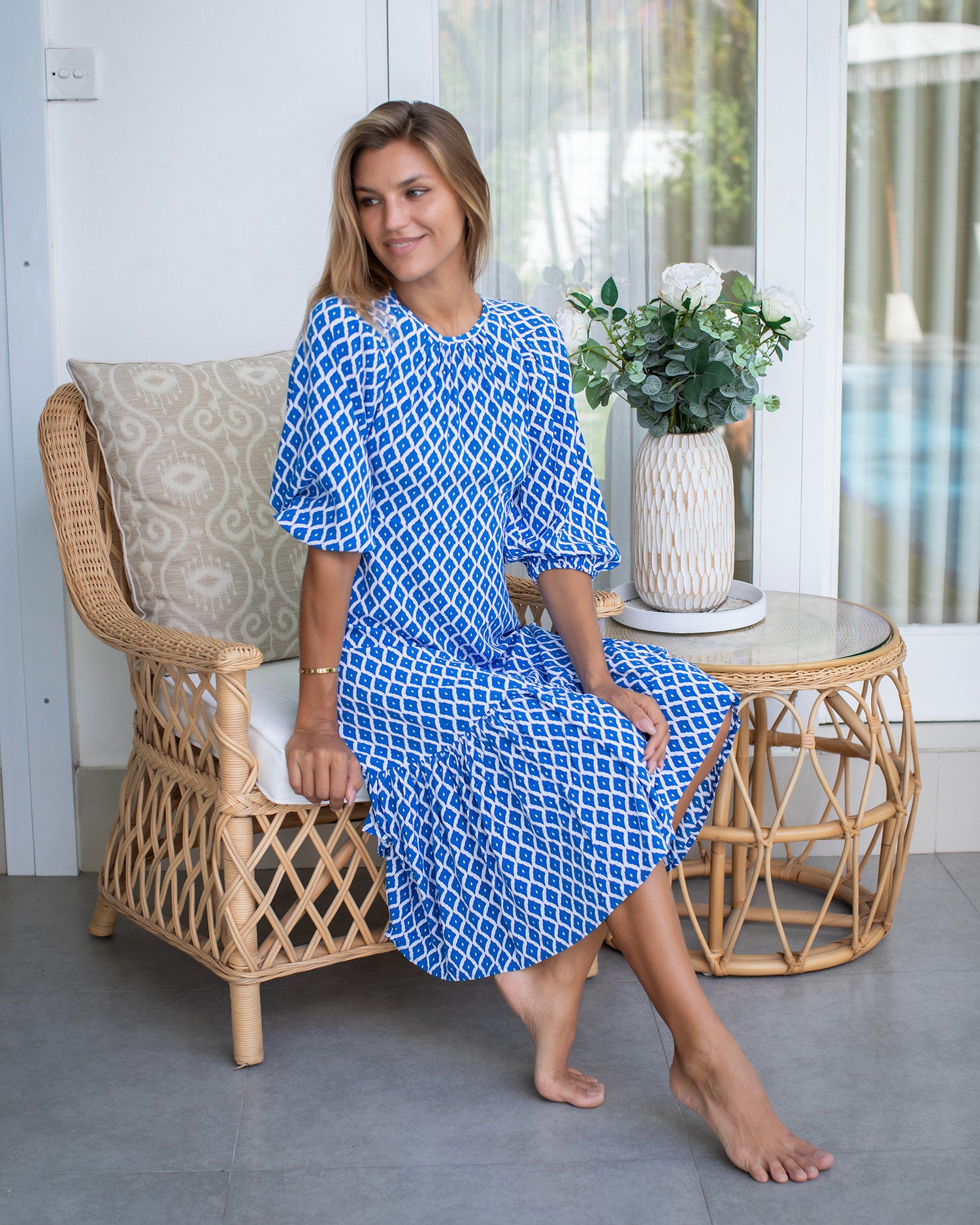 Tabitha Dress - Swedish Blue Trellis