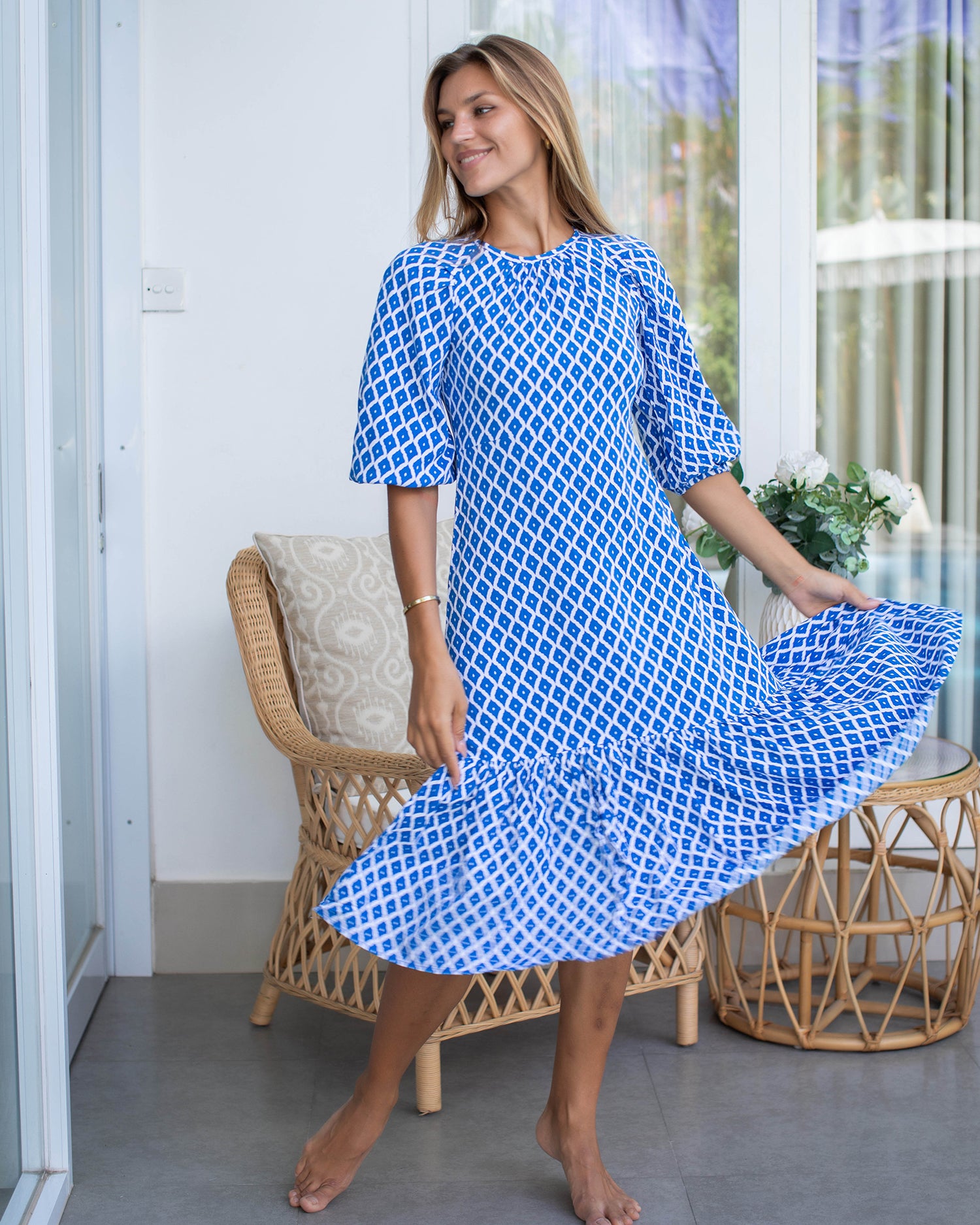 Tabitha Dress - Swedish Blue Trellis