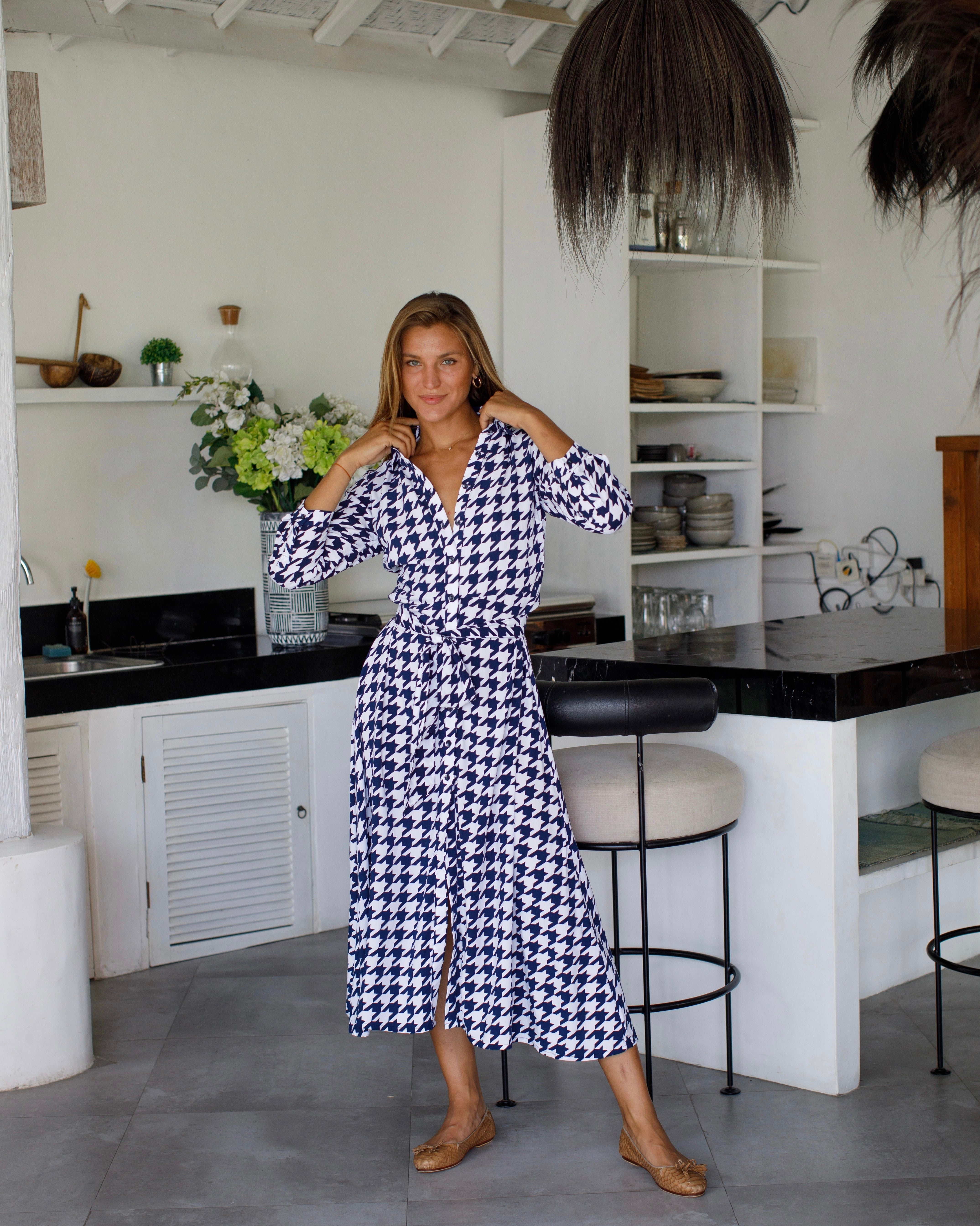 Florence Dress - Navy White Houndstooth