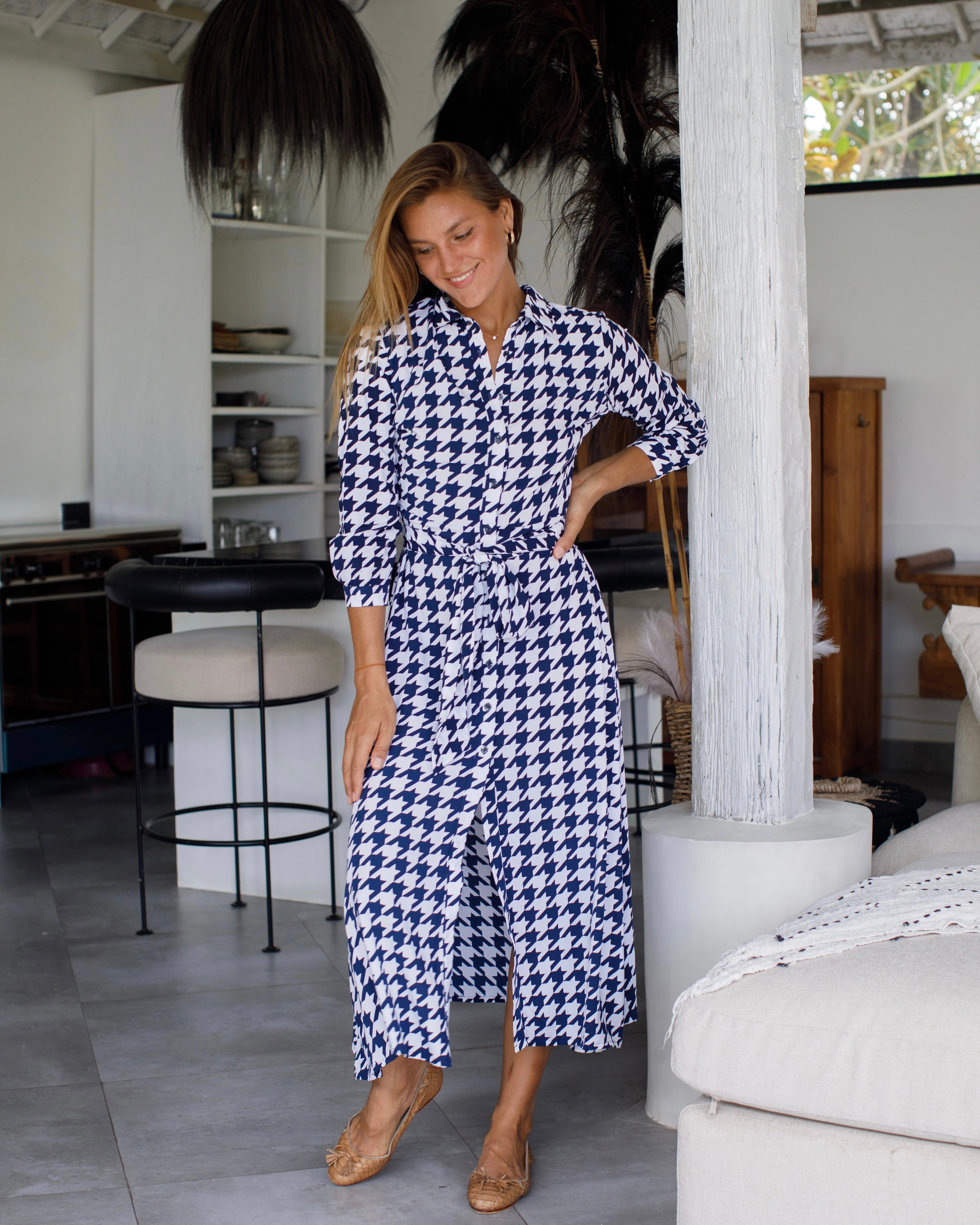 Florence Dress - Navy White Houndstooth