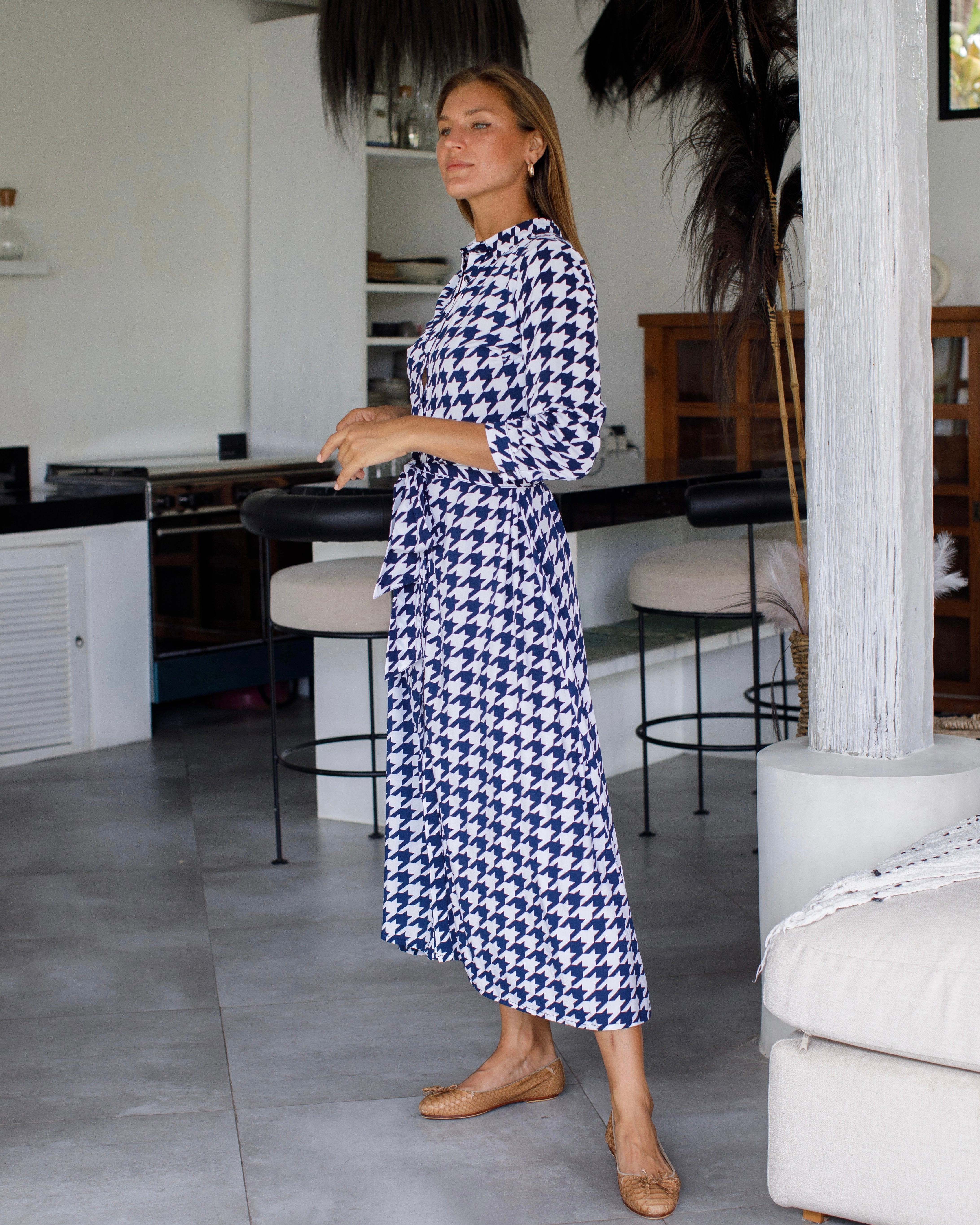 Florence Dress - Navy White Houndstooth
