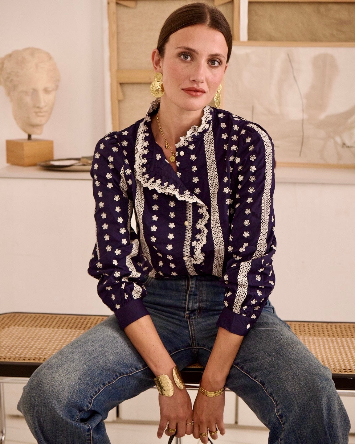 Mireille Embroidered Blouse - Navy