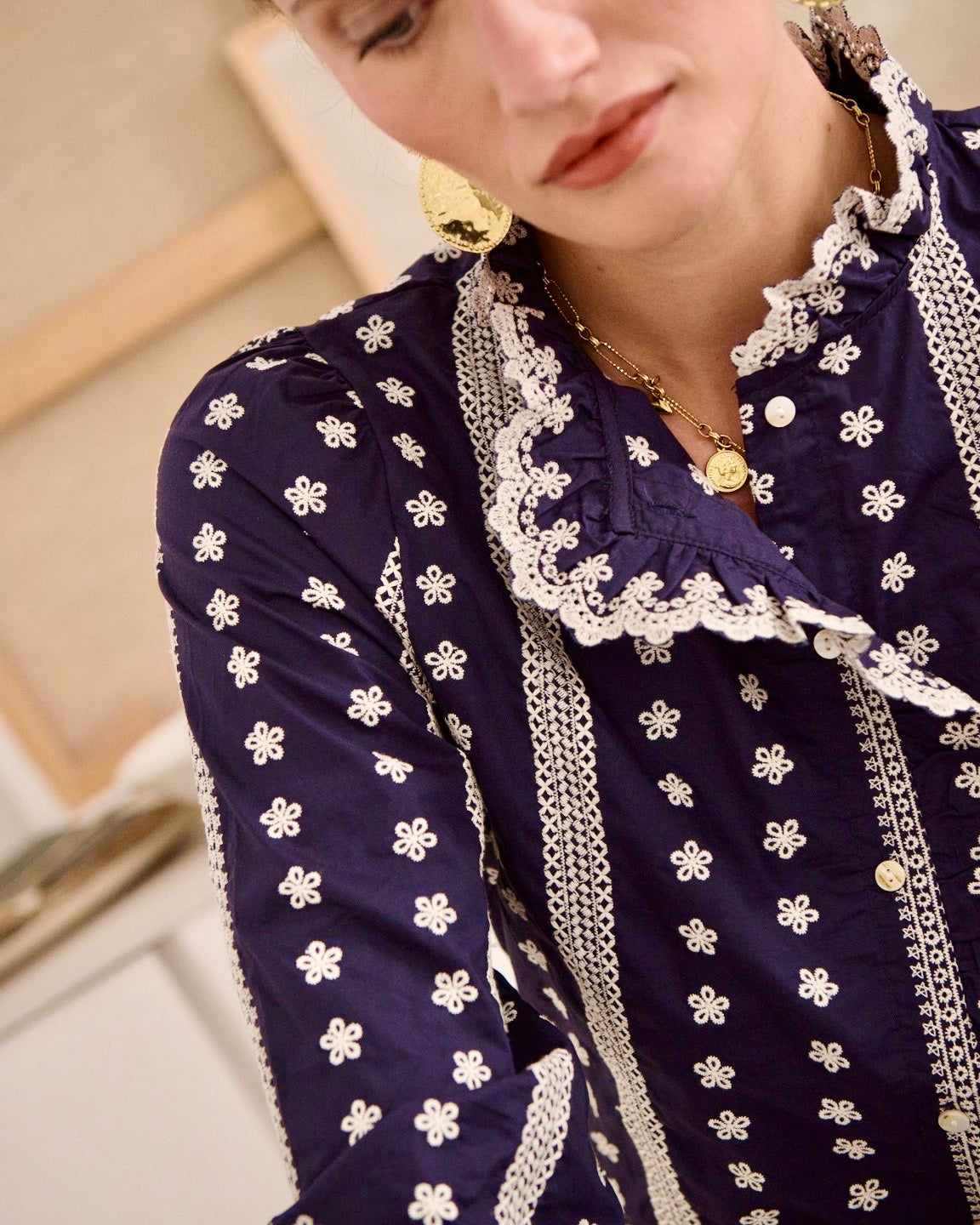 Mireille Embroidered Blouse - Navy
