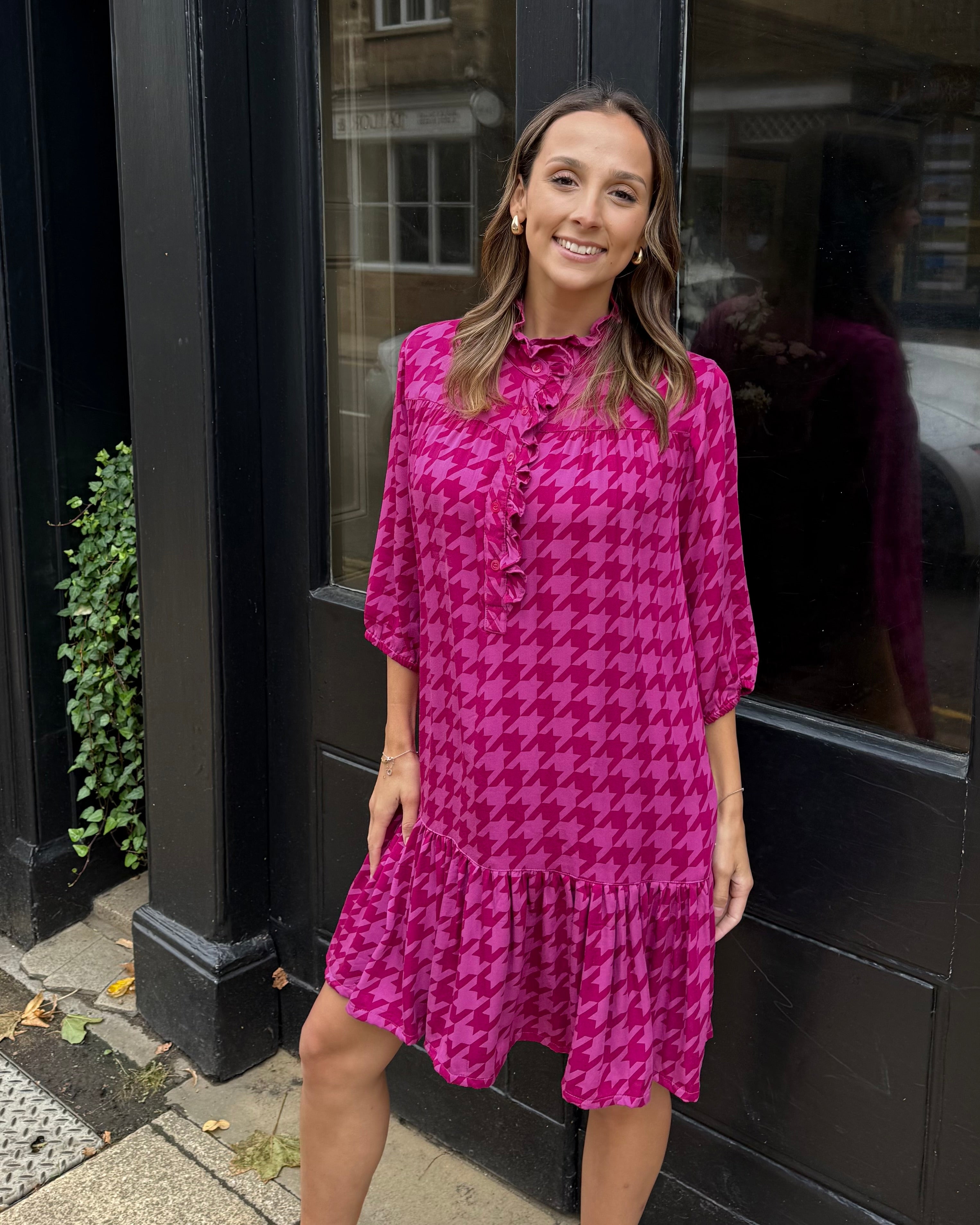 Dora Dress - Magenta Houndstooth
