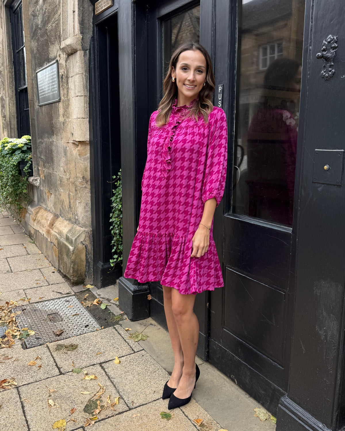 Dora Dress - Magenta Houndstooth