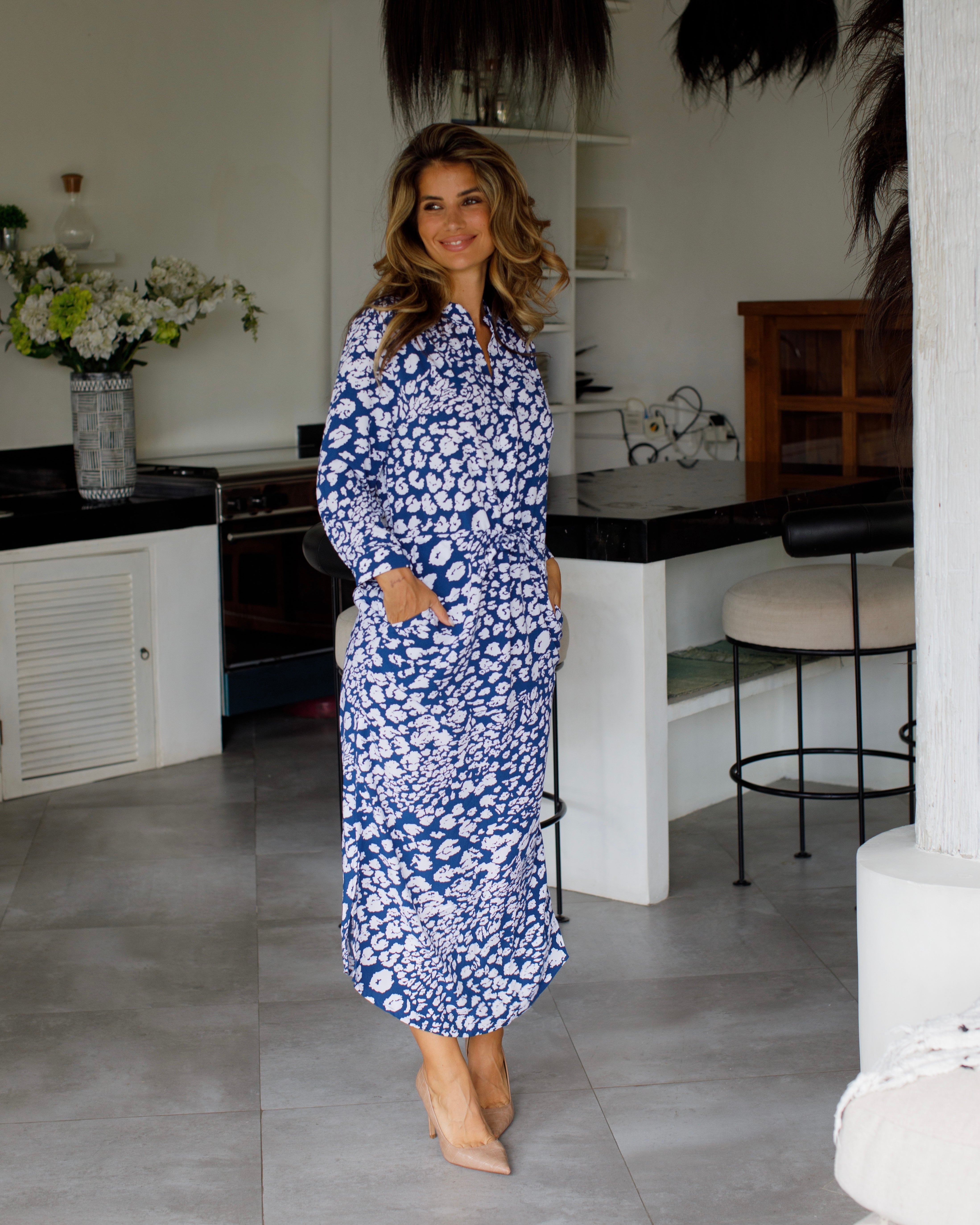 Eva Long Dress - Navy White Leopard