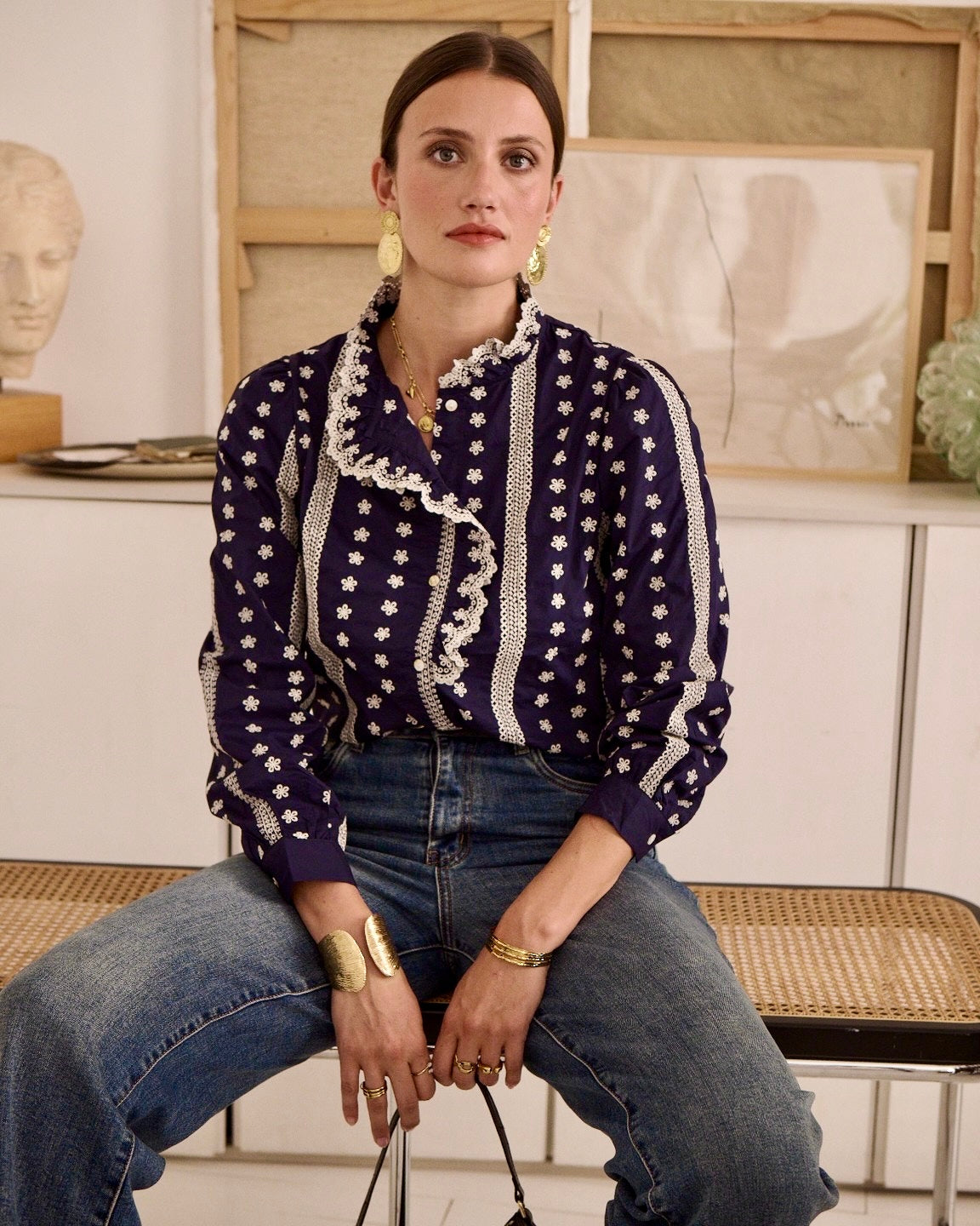 Mireille Embroidered Blouse - Navy