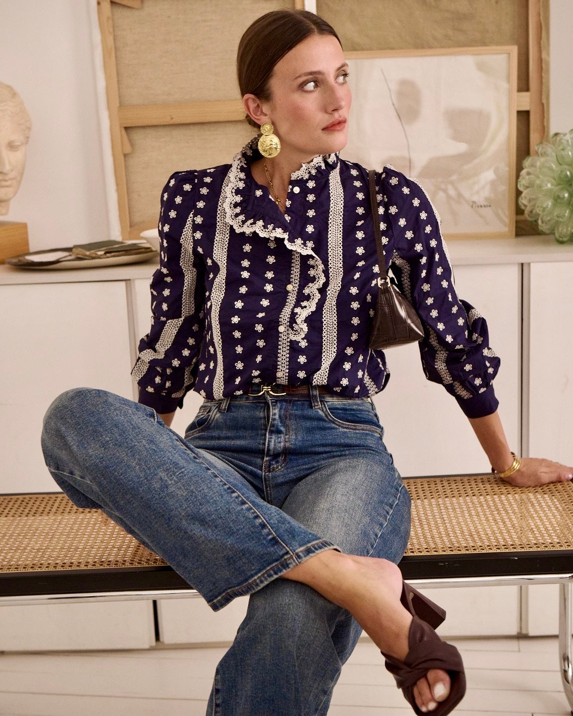 Mireille Embroidered Blouse - Navy