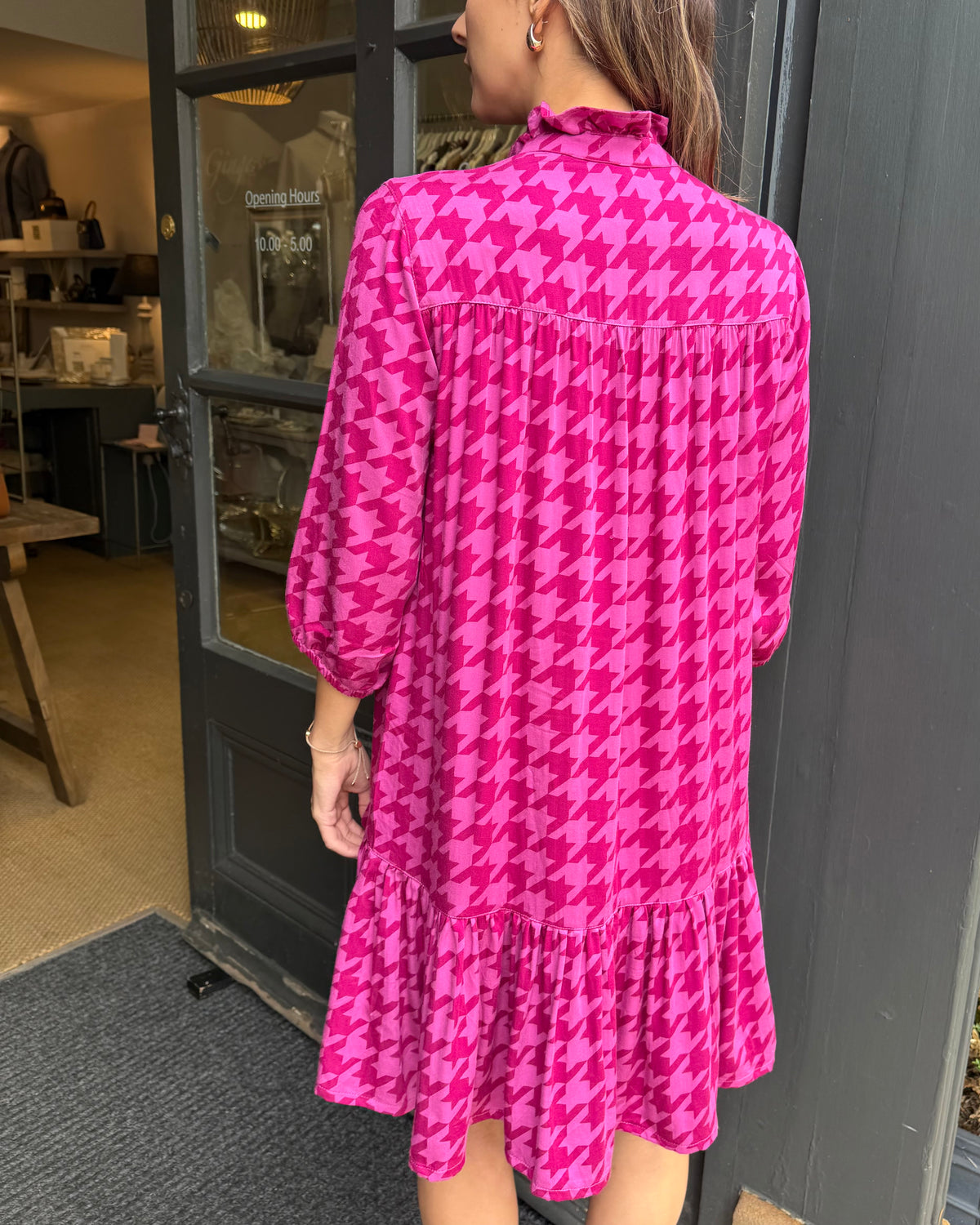 Dora Dress - Magenta Houndstooth