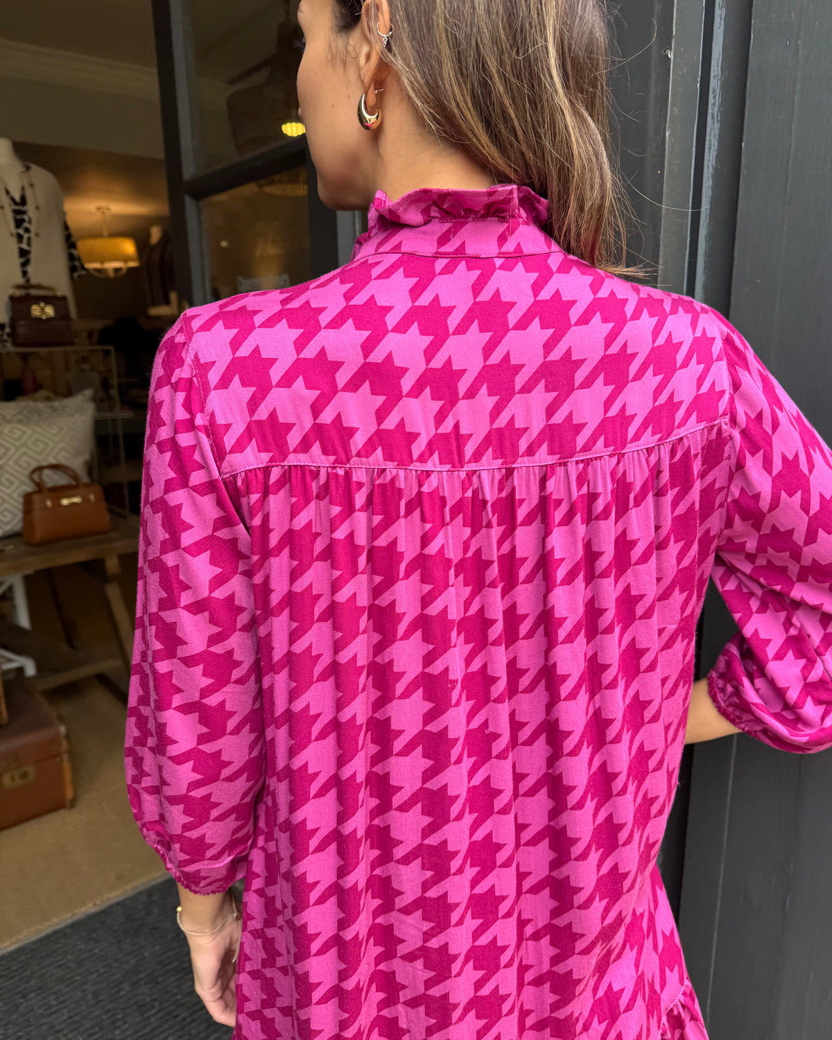 Dora Dress - Magenta Houndstooth