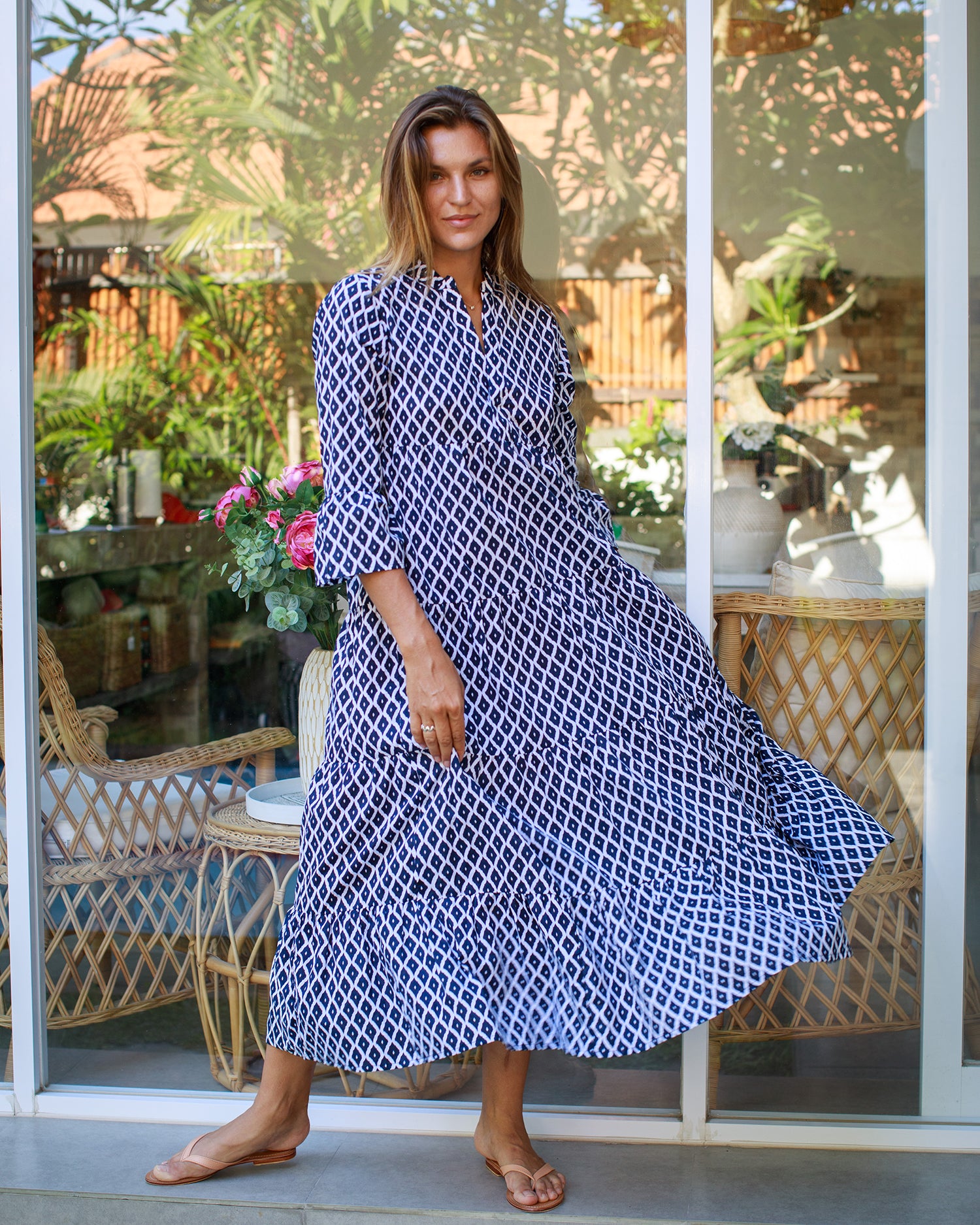 Annika Dress Navy Trellis Cotton