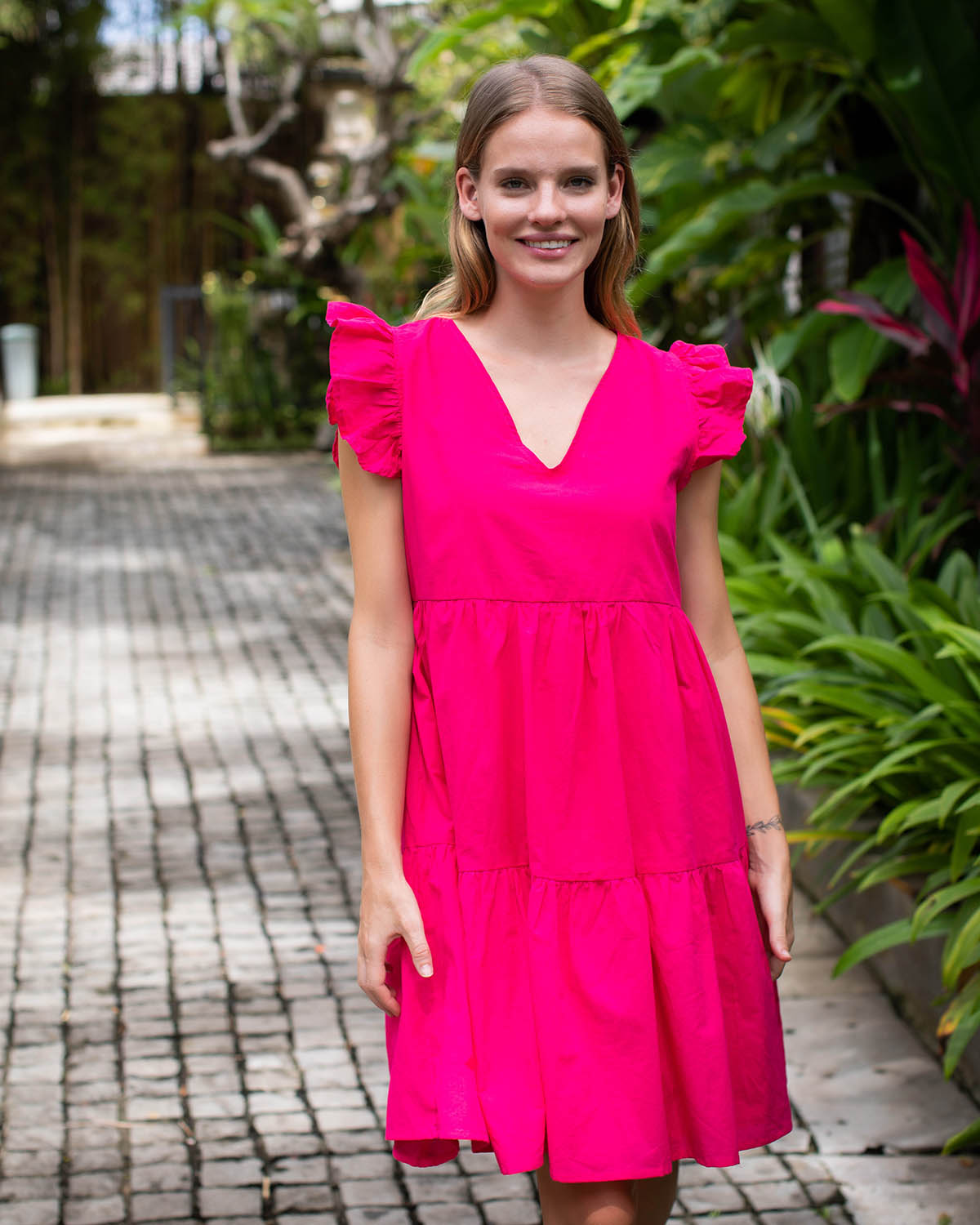 Astrid Dress Short - Fuchsia Cotton