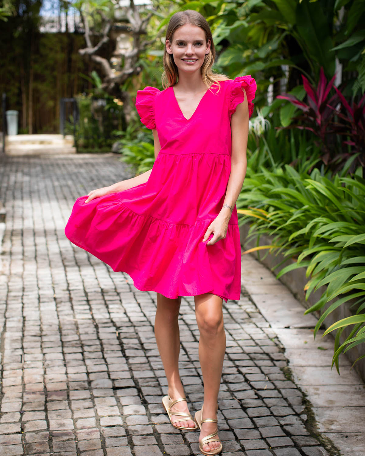 Astrid Dress Short - Fuchsia Cotton