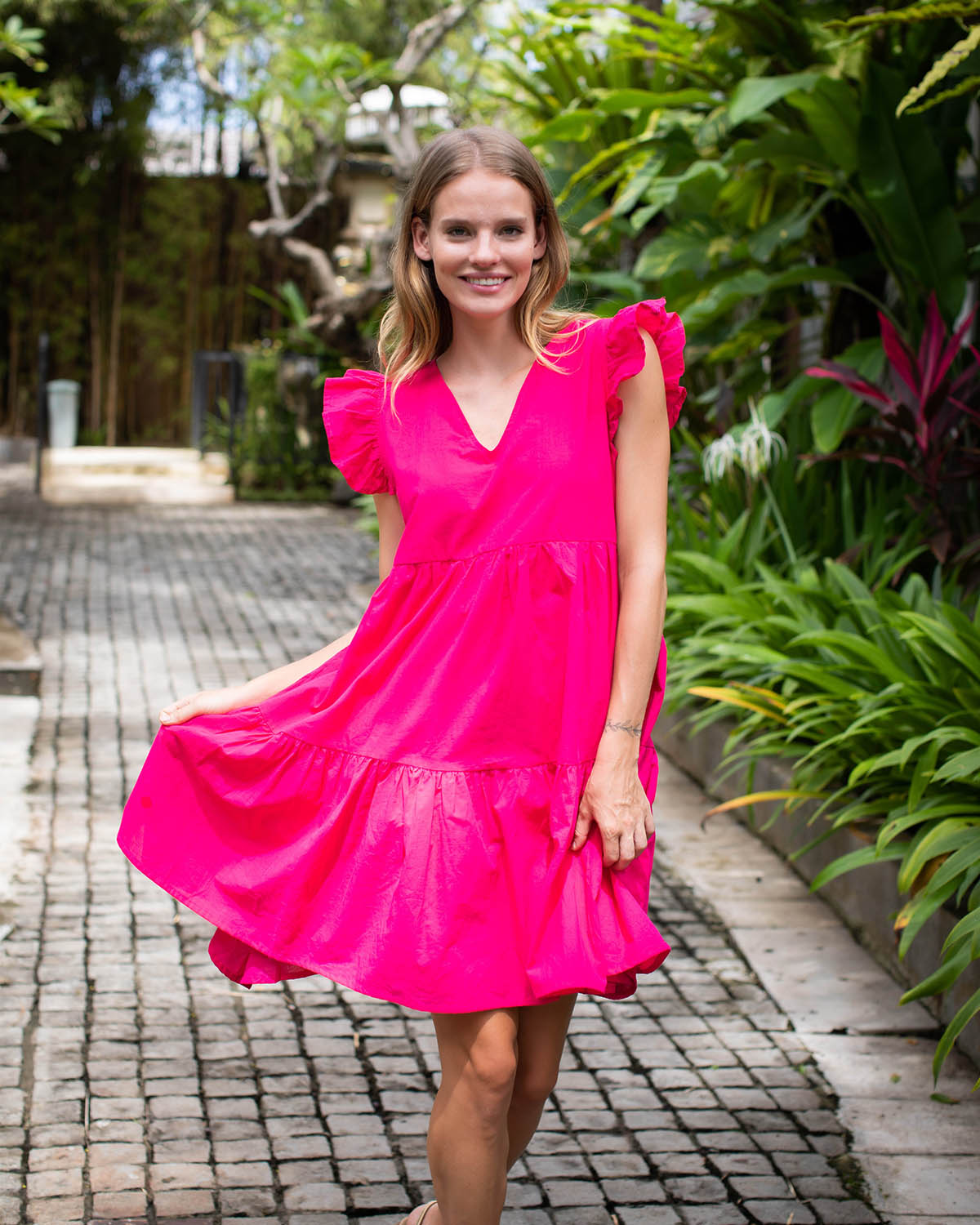 Astrid Dress Short - Fuchsia Cotton