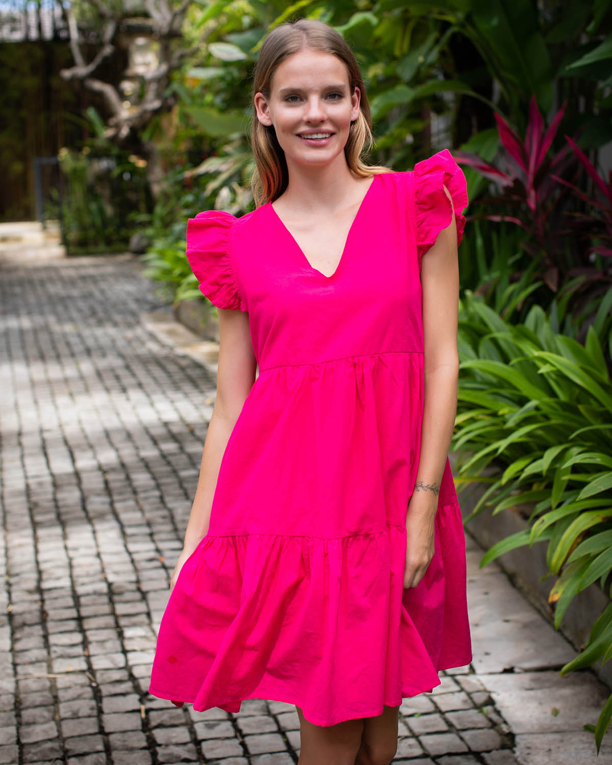 Astrid Dress Short - Fuchsia Cotton