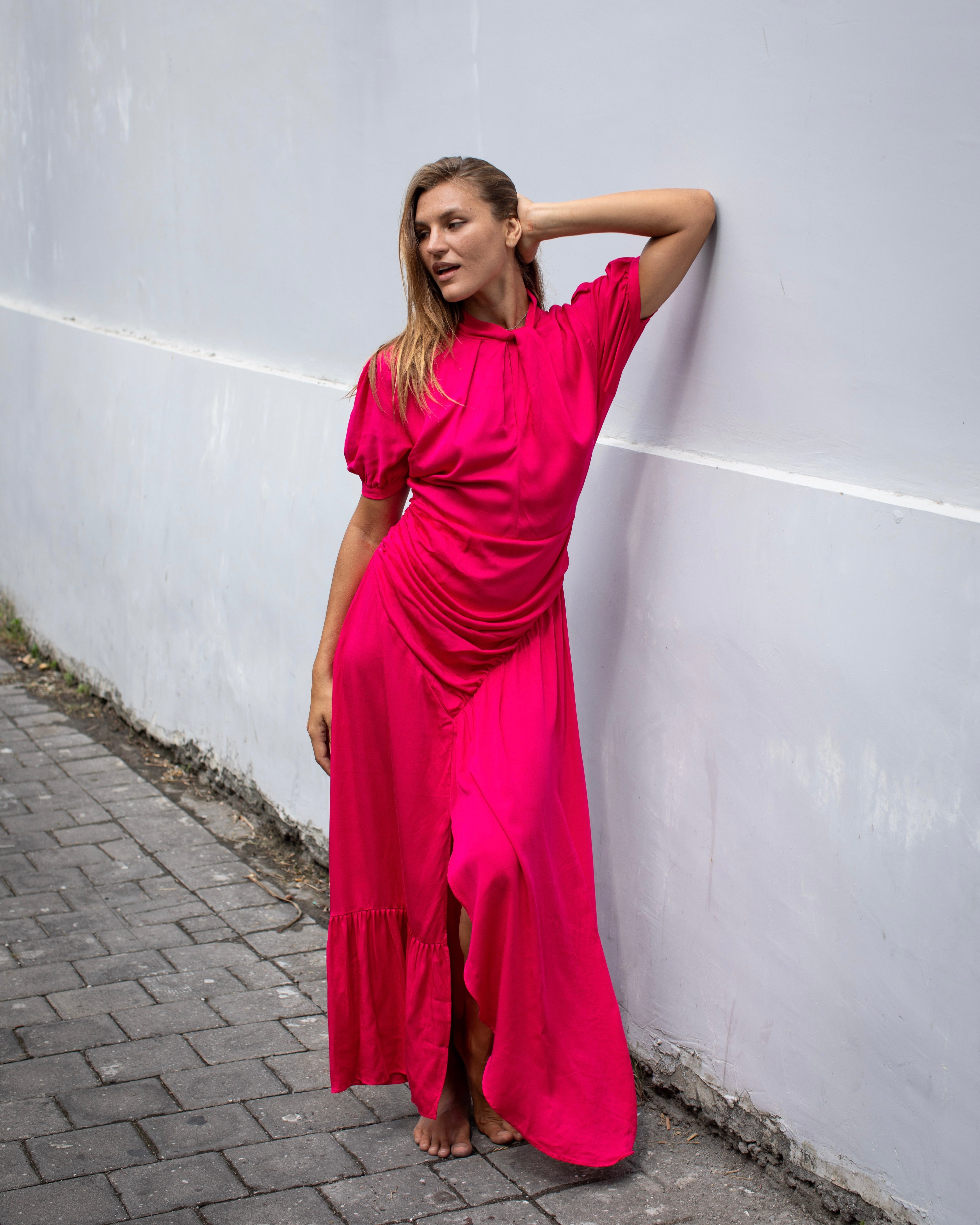 Kaia Dress - Fuchsia Bamboo Satin