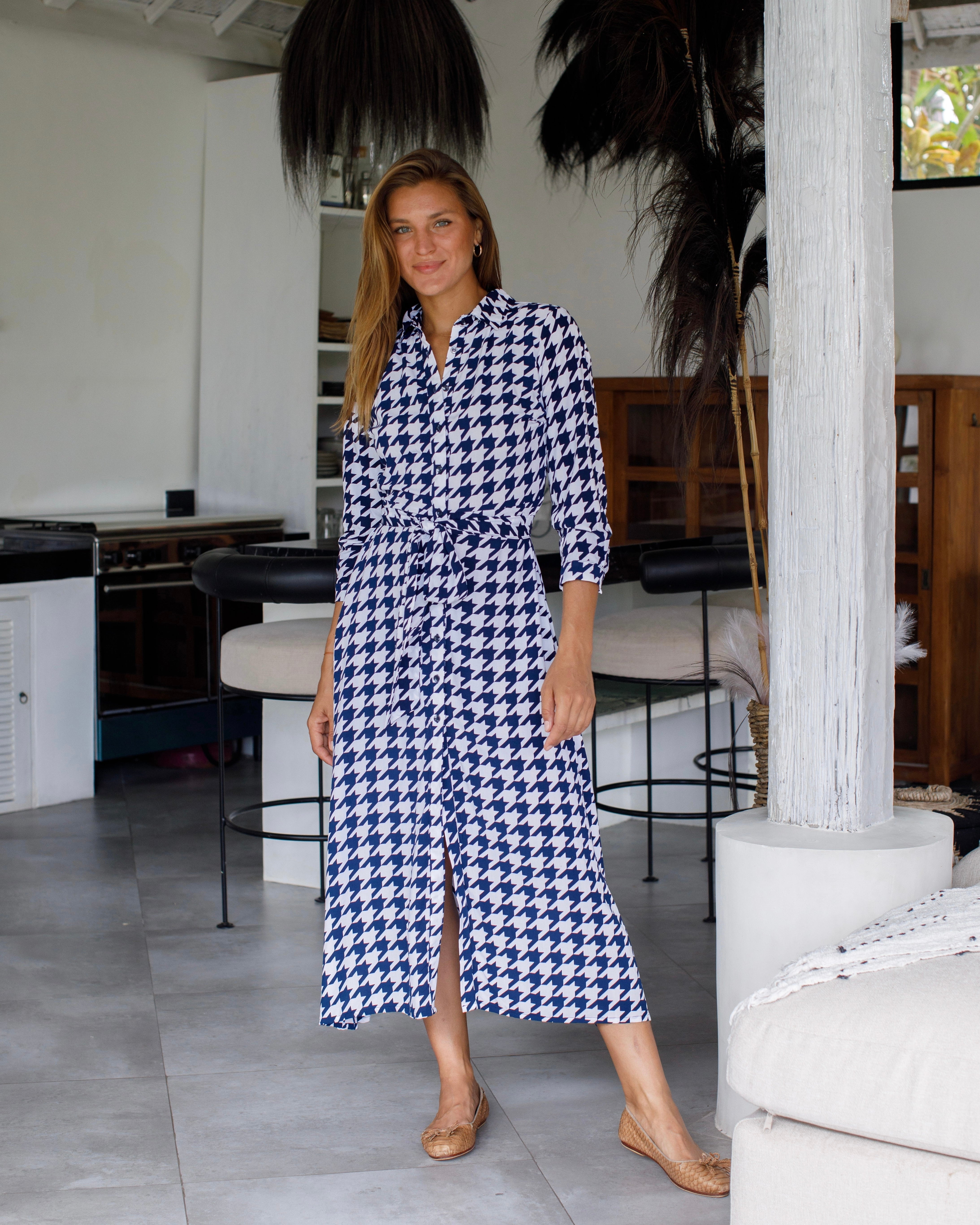 Florence Dress - Navy White Houndstooth
