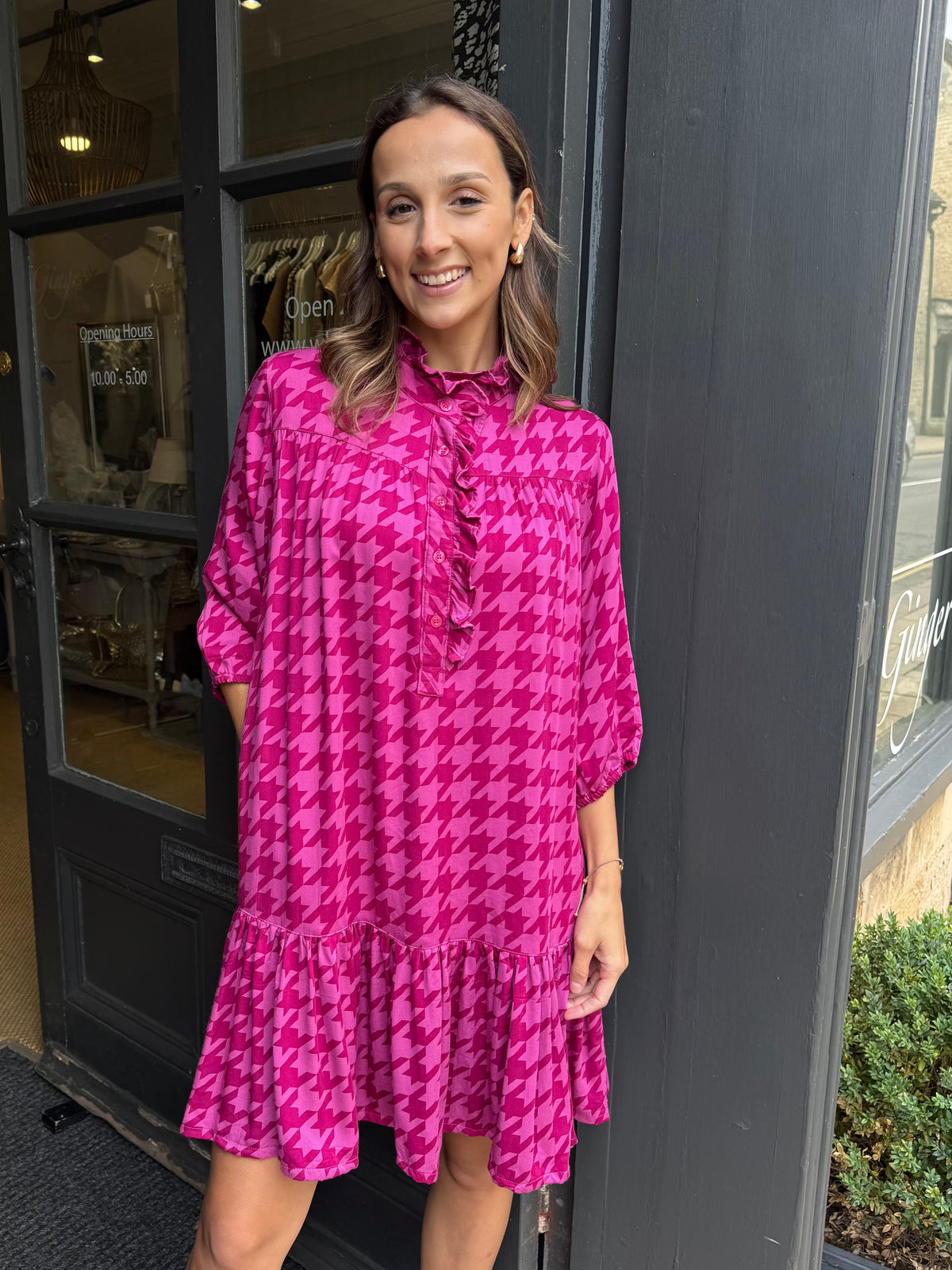 Dora Dress - Magenta Houndstooth