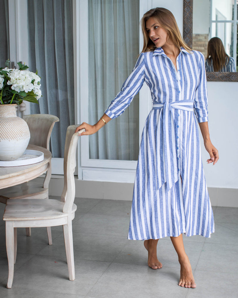 Florence Dress - Cotton Blue Stripe